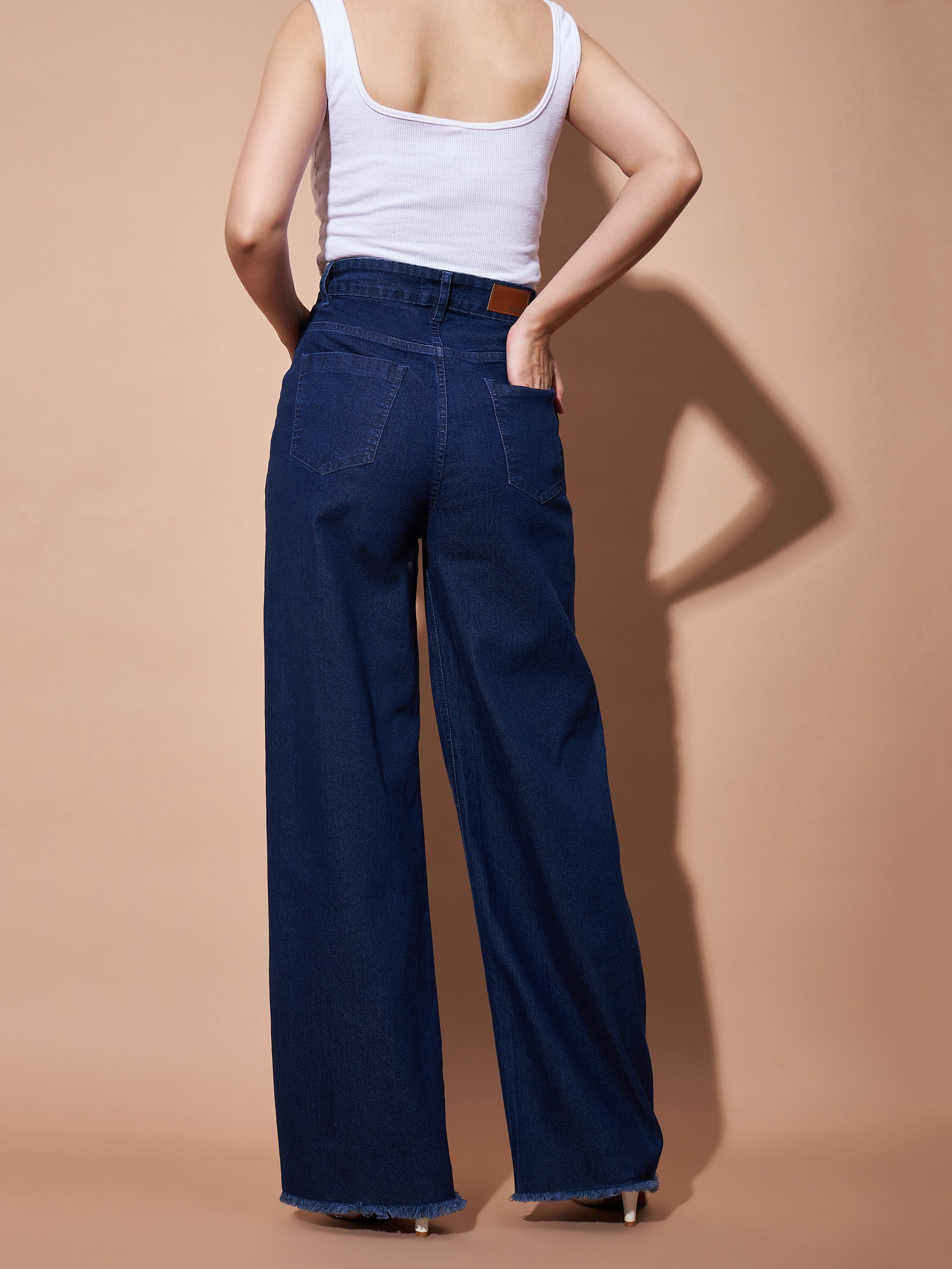 Women's Navy High Waist Flap Pocket Straight Jeans - Lyush