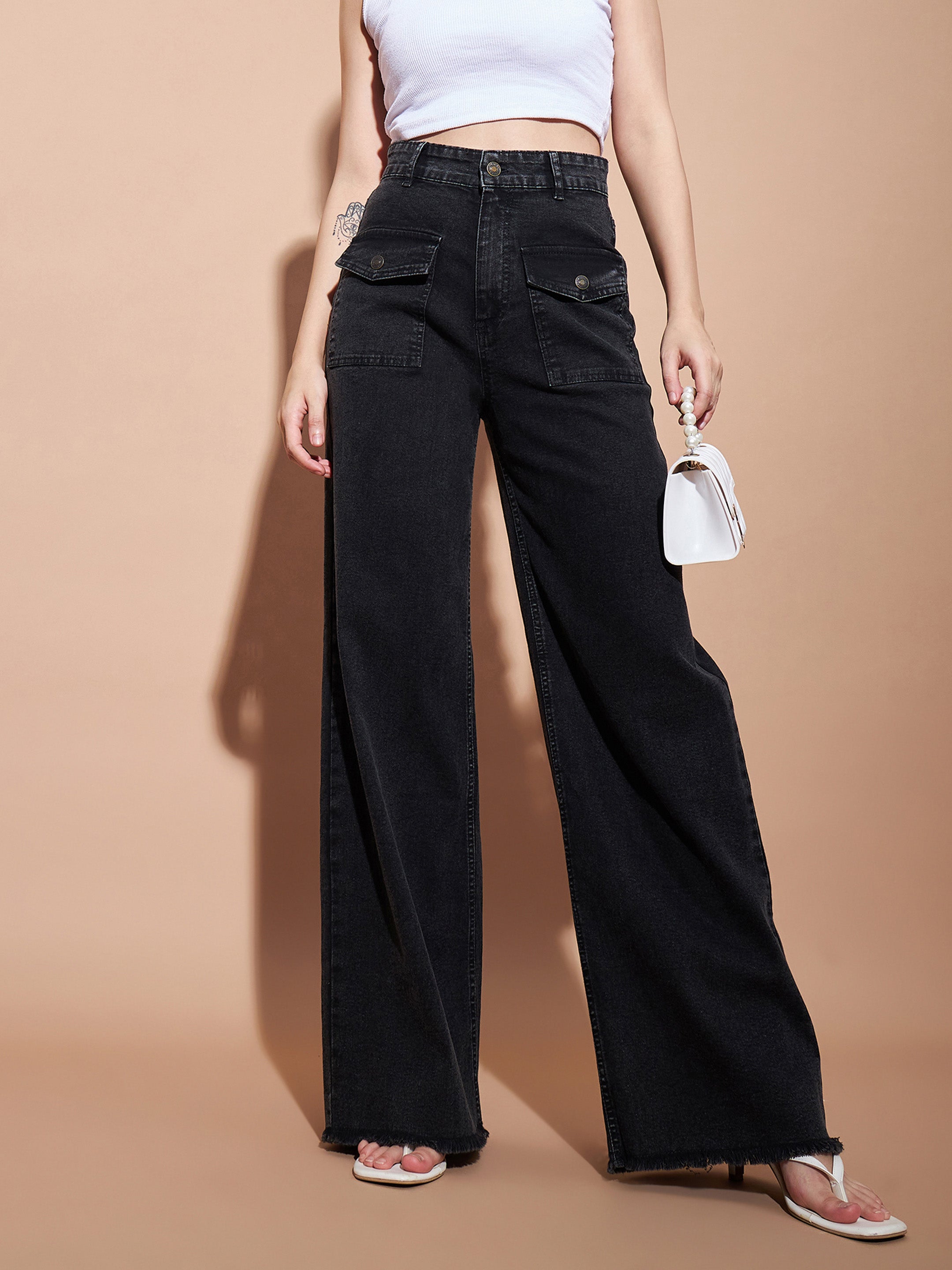 Women's Black High Waist Flap Pocket Straight Jeans - Lyush
