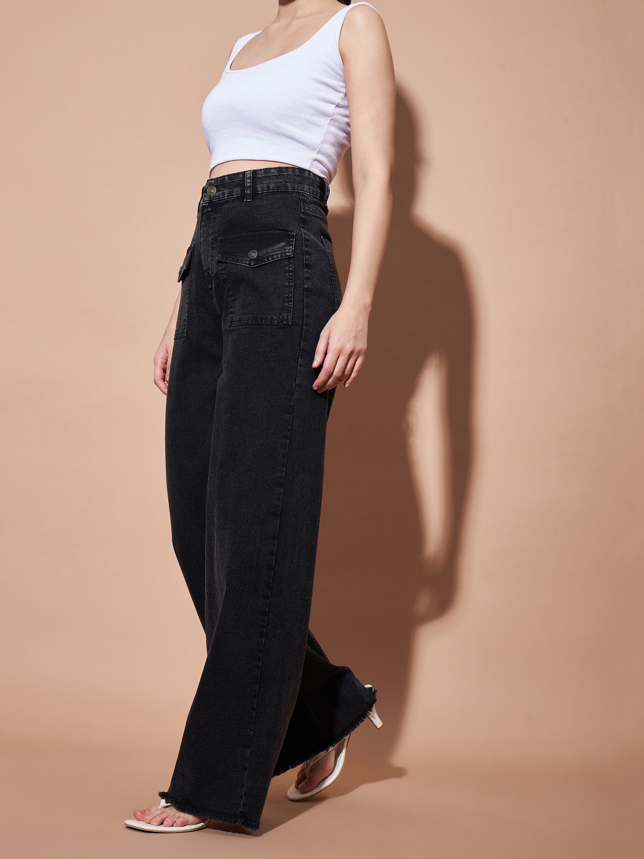 Women's Black High Waist Flap Pocket Straight Jeans - Lyush