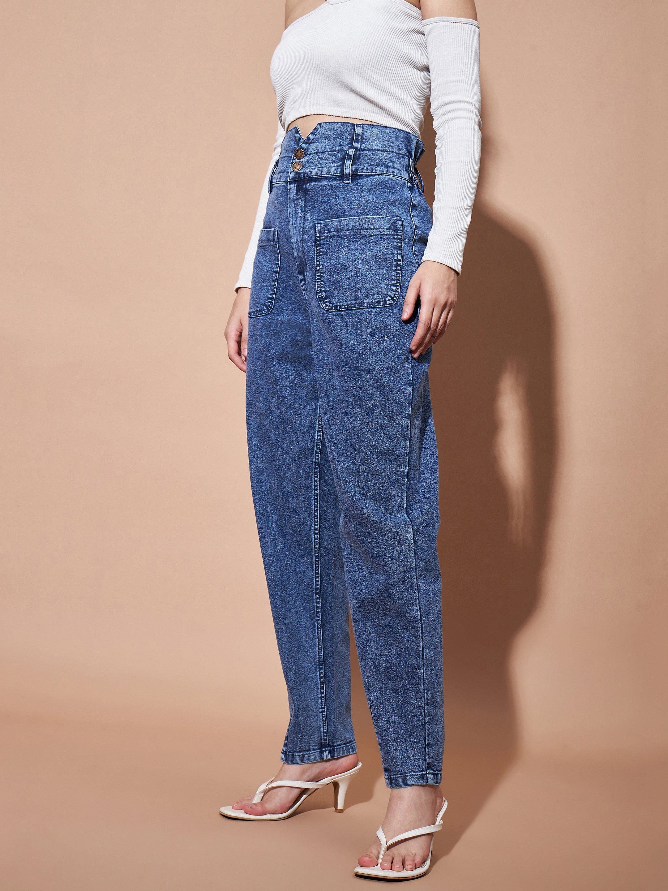 Women's Blue High Paperbagwaist Baggy Jeans - Lyush