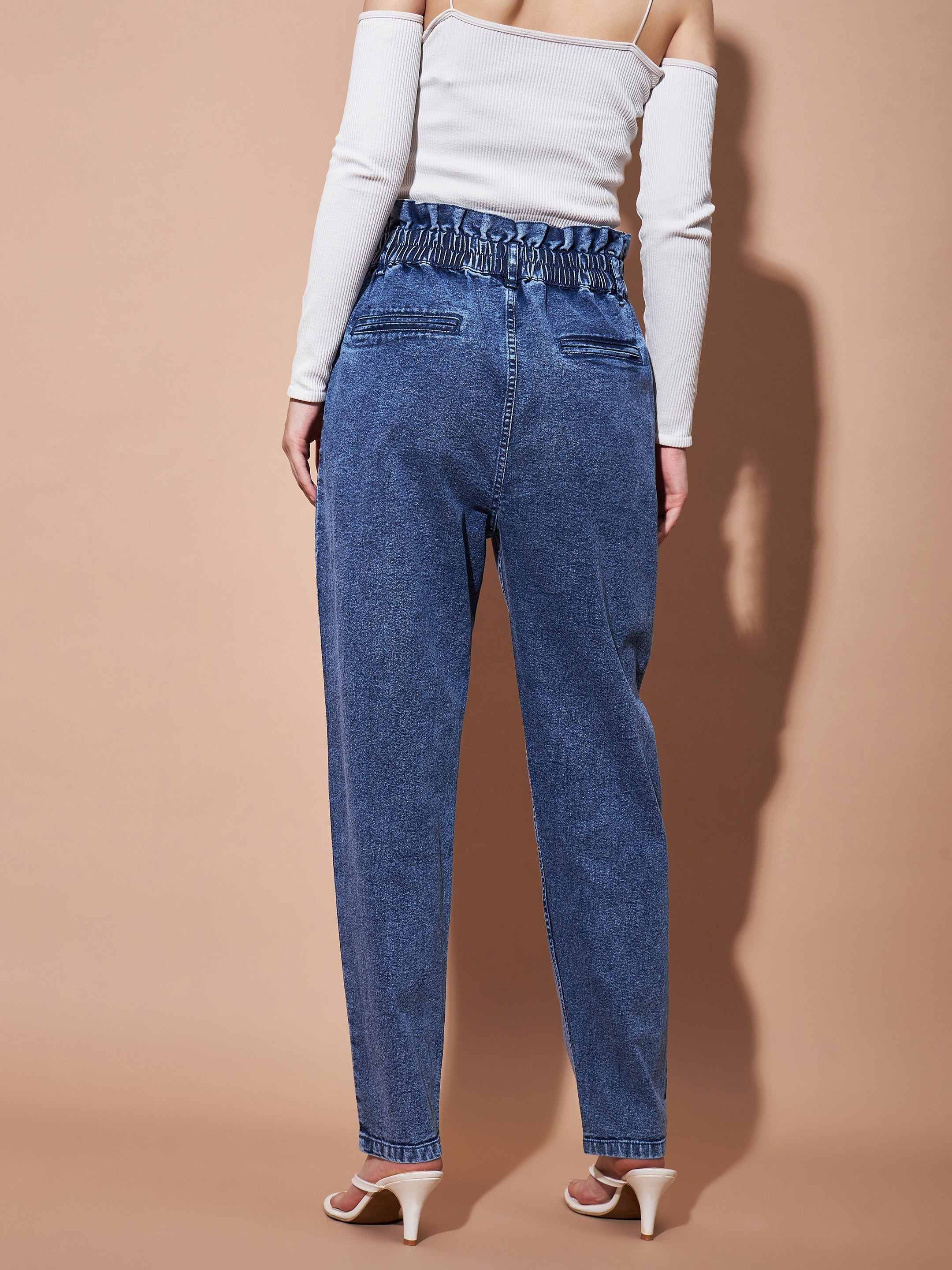 Women's Blue High Paperbagwaist Baggy Jeans - Lyush