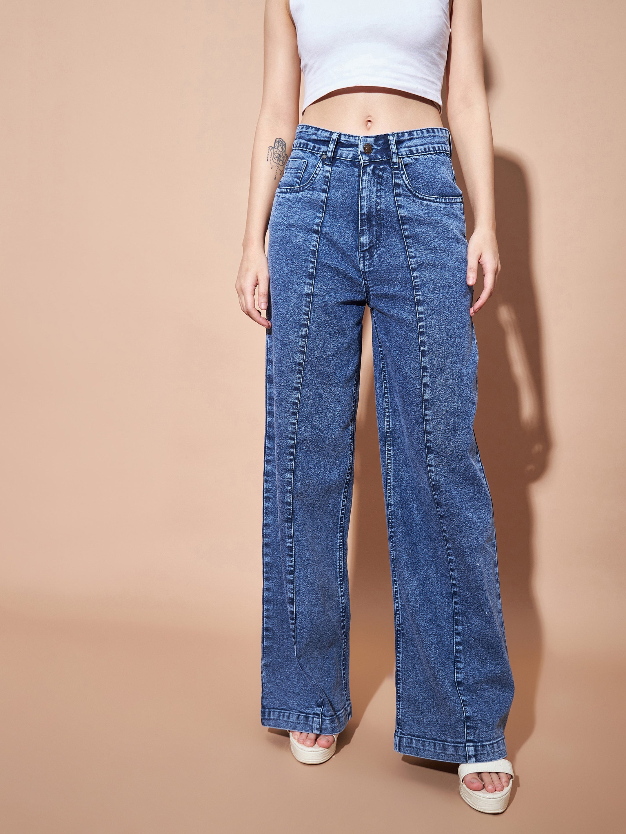 Women's Blue High Waist Seam Detail Straight Jeans - Lyush