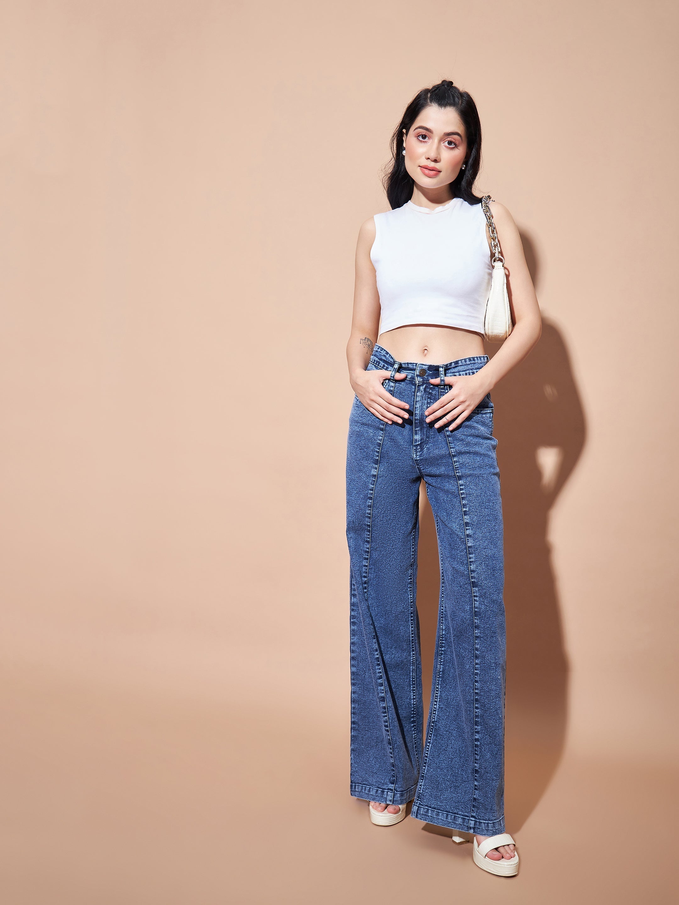 Women's Blue High Waist Seam Detail Straight Jeans - Lyush