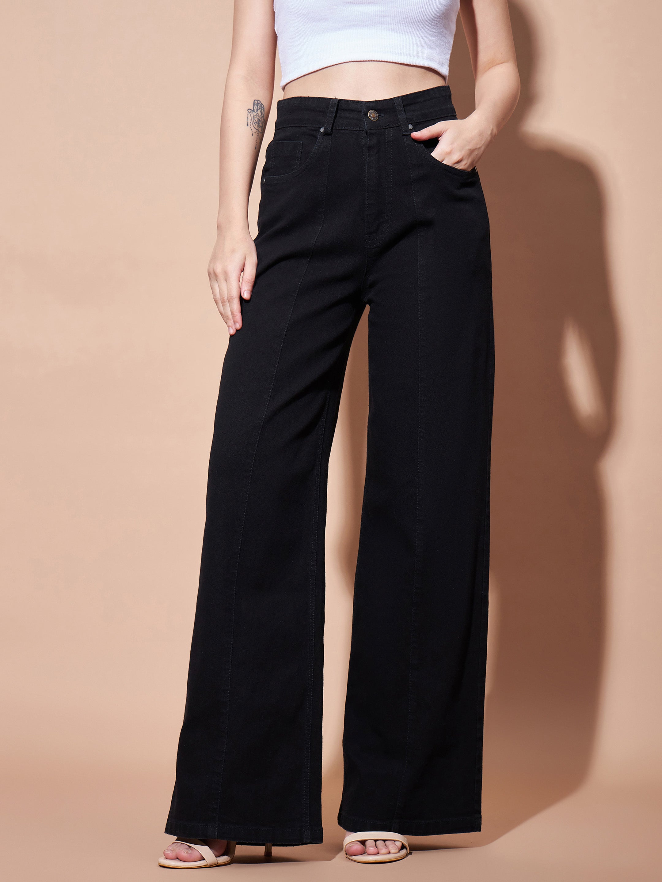 Women's Black High Waist Seam Detail Straight Jeans - Lyush