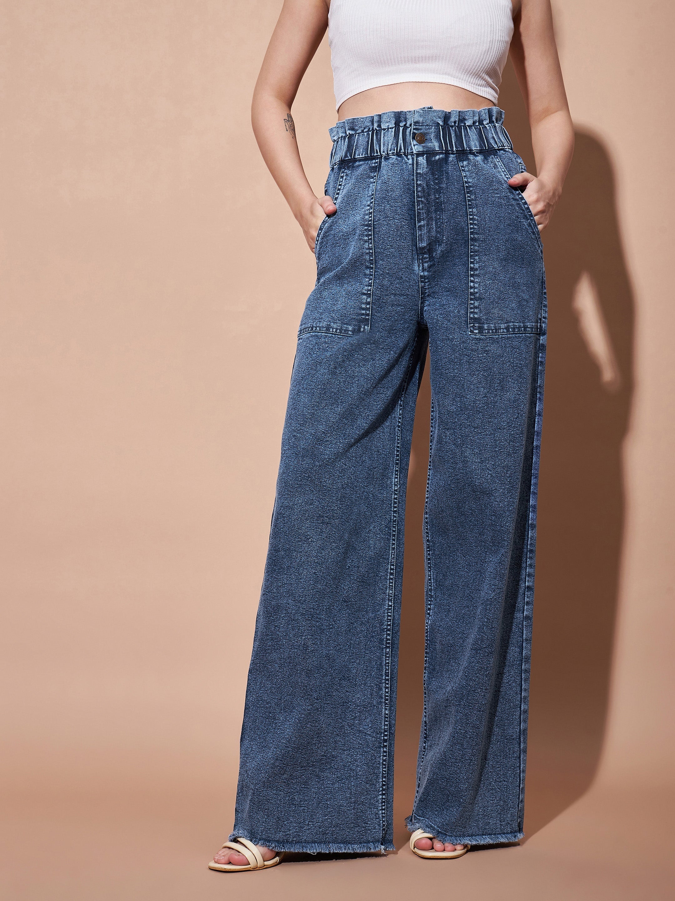 Women's Blue Paper Bag Waist Straight Jeans - Lyush