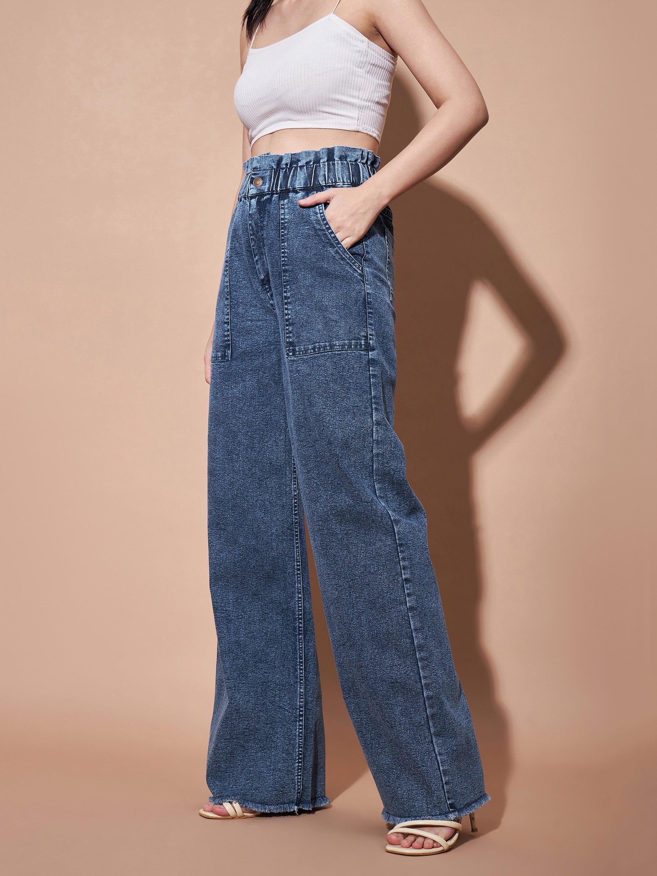 Women's Blue Paper Bag Waist Straight Jeans - Lyush