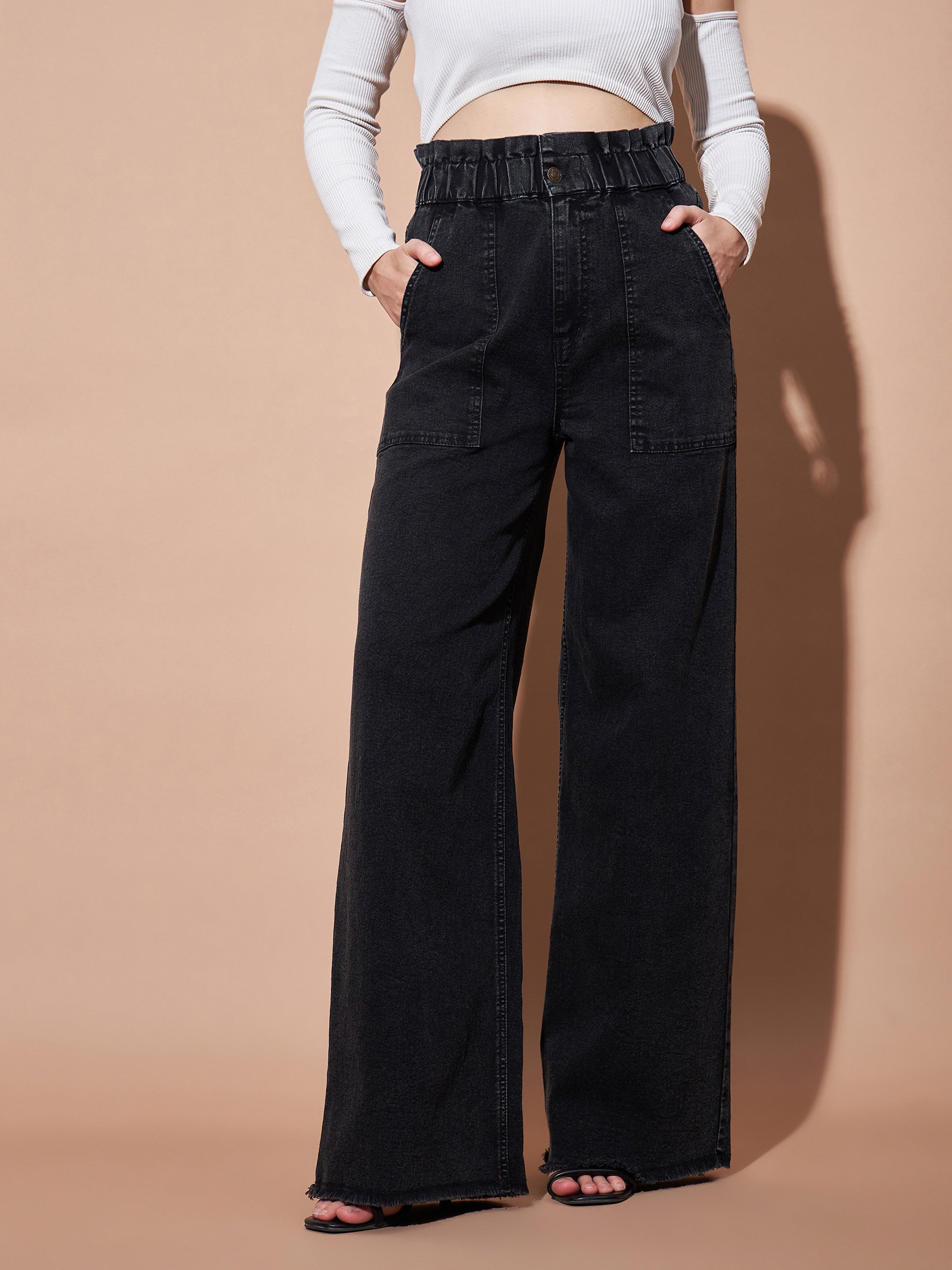 Women's Black Paper Bag Waist Straight Jeans - Lyush