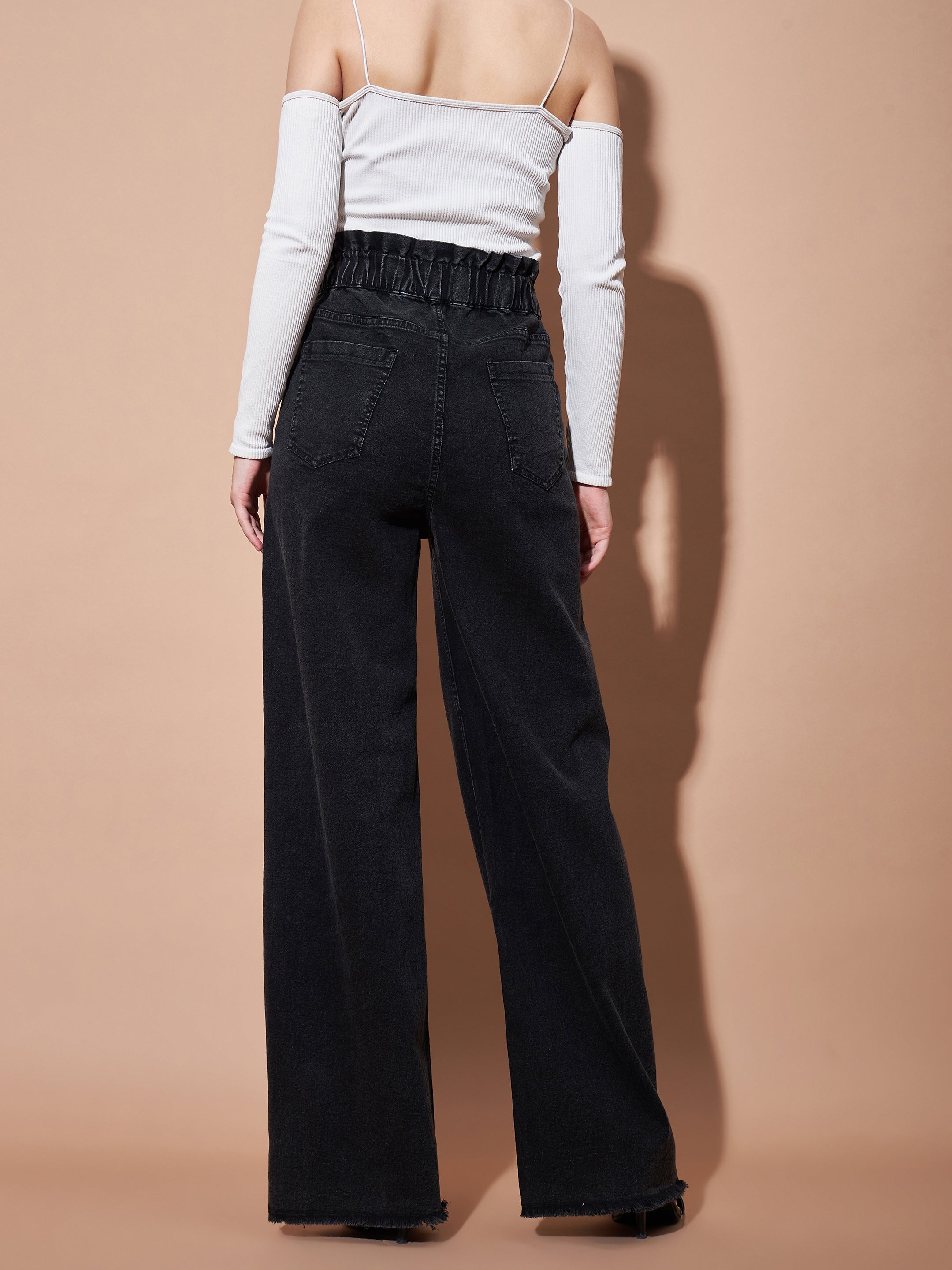 Women's Black Paper Bag Waist Straight Jeans - Lyush – Trendia