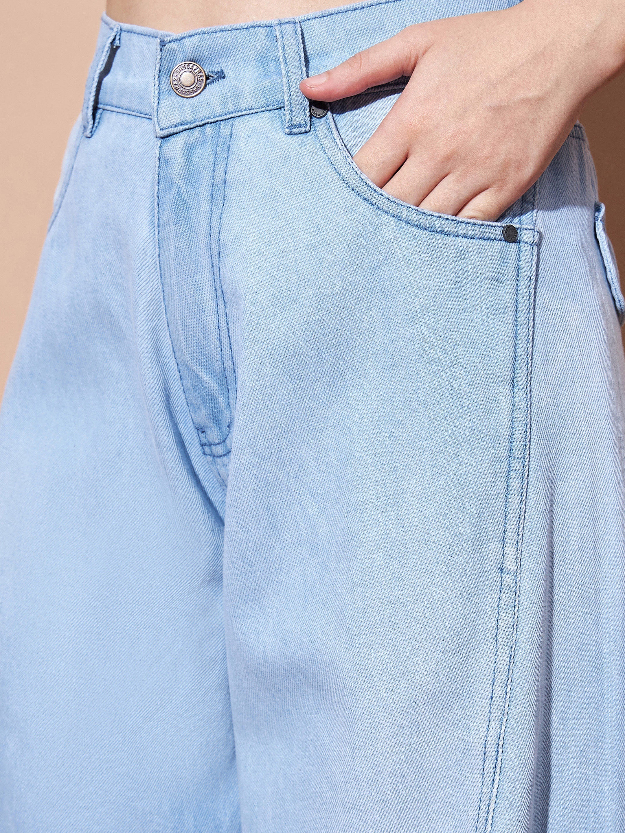 Women's Ice Blue Seam Detail Wide Leg Jeans - Lyush