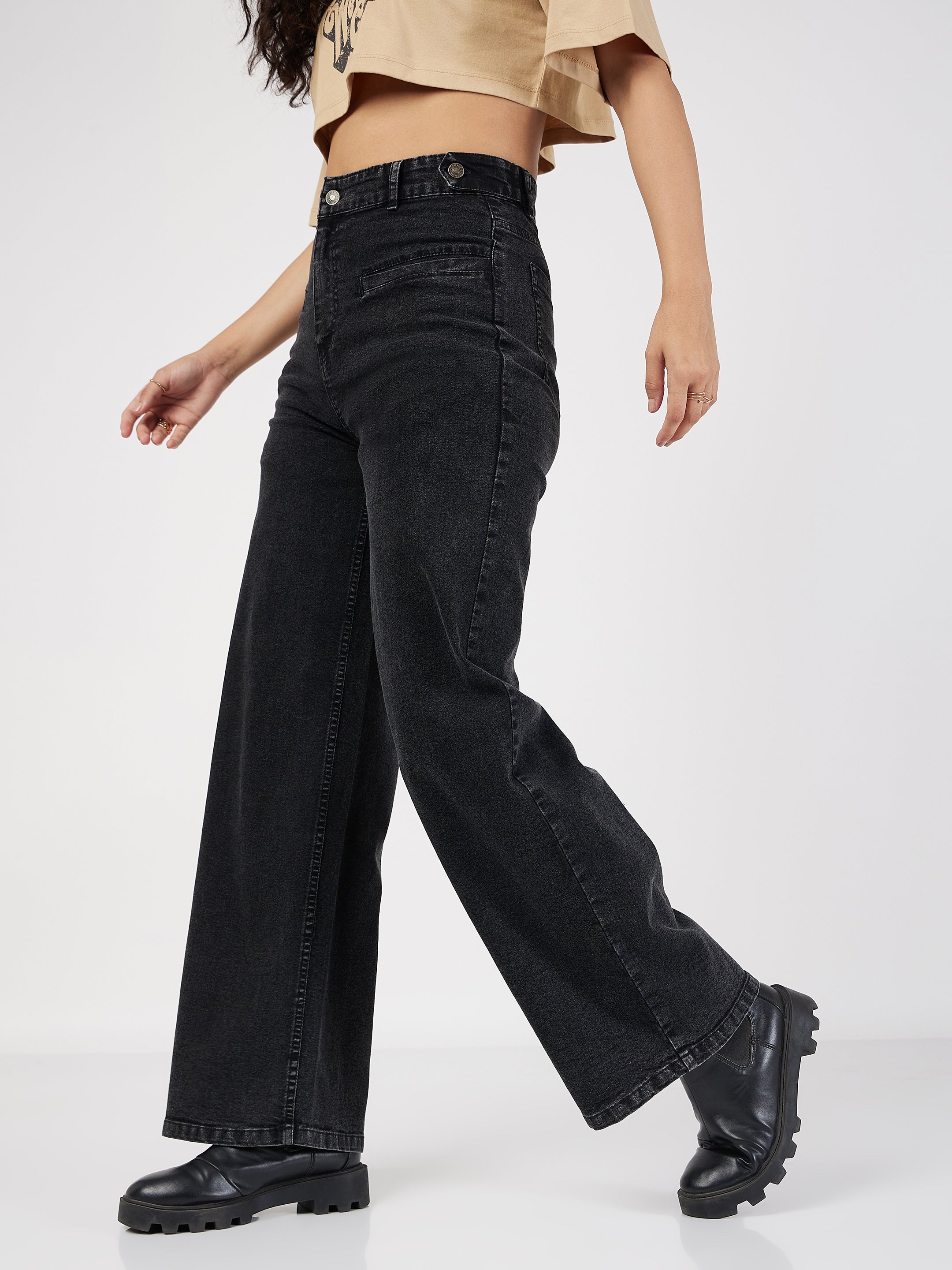Women's Black Bone Pocket Straight Jeans - Lyush