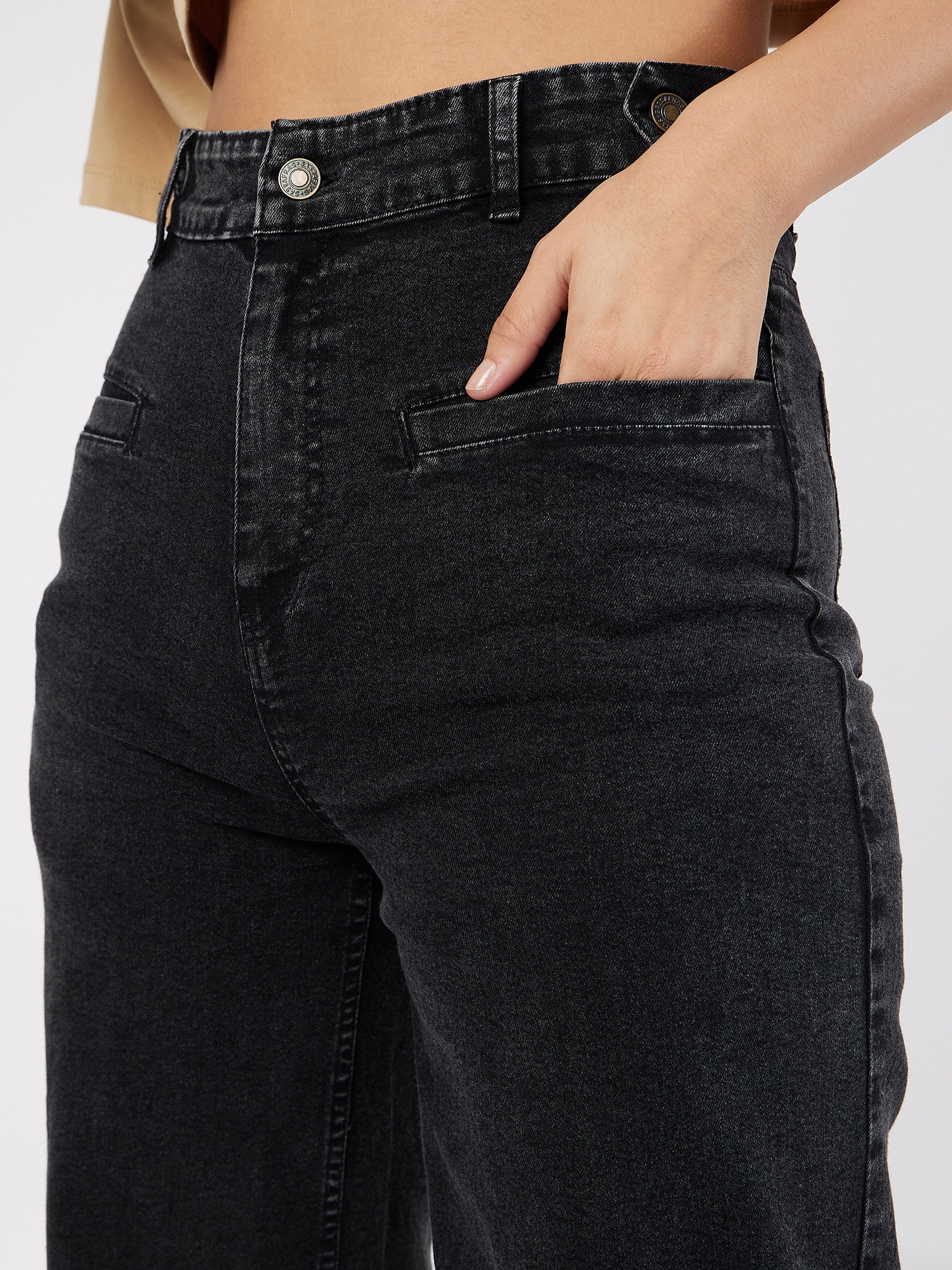 Women's Black Bone Pocket Straight Jeans - Lyush