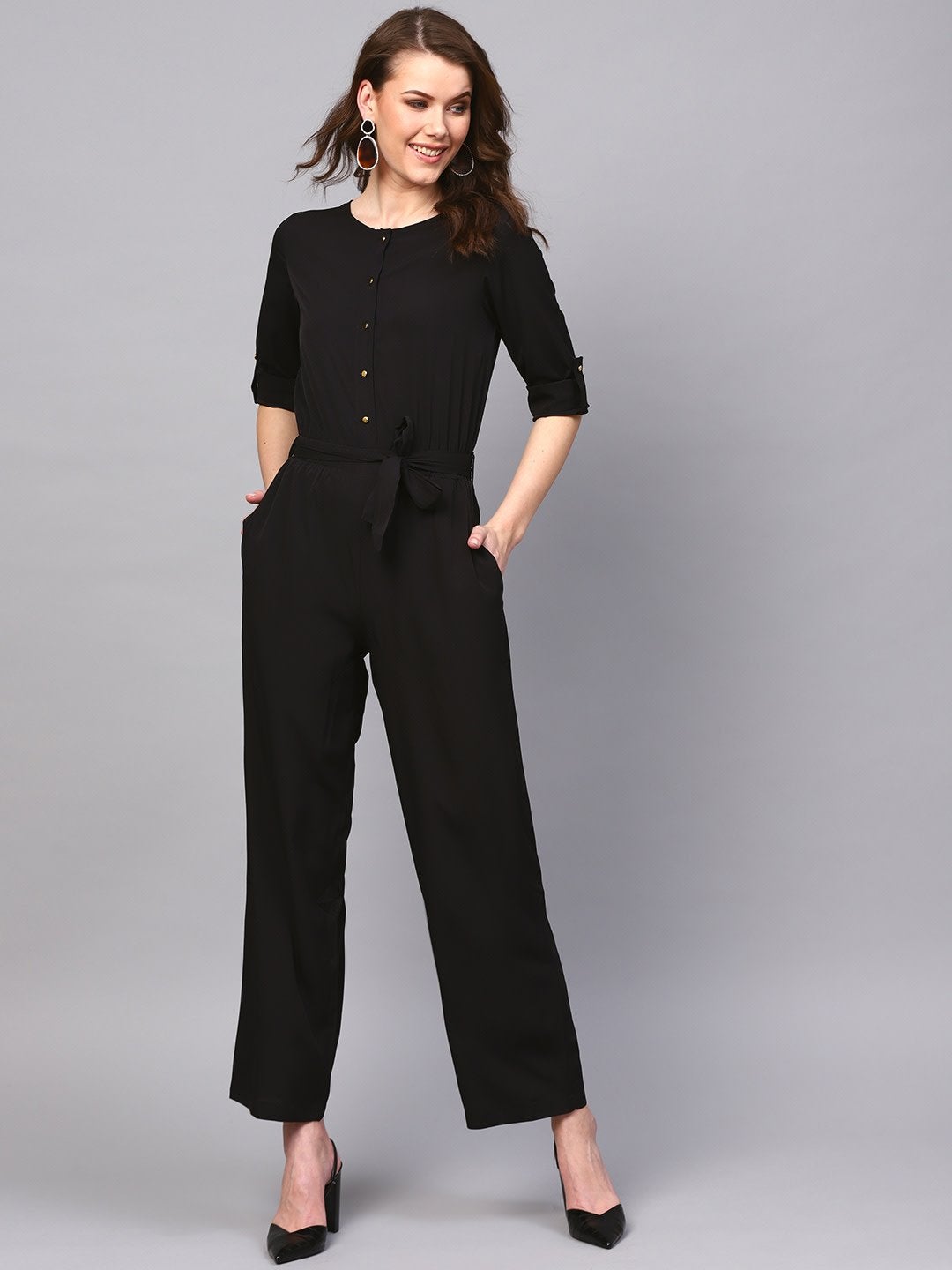 Women's Black Tie Belt Jumpsuit - SASSAFRAS