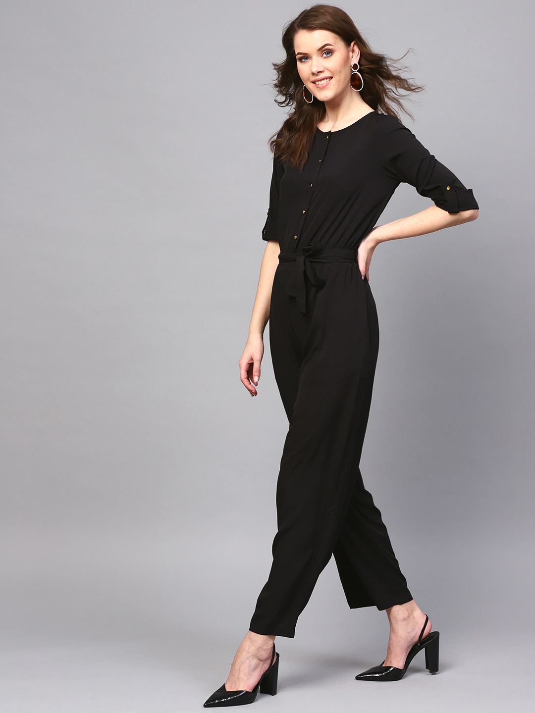 Women's Black Tie Belt Jumpsuit - SASSAFRAS