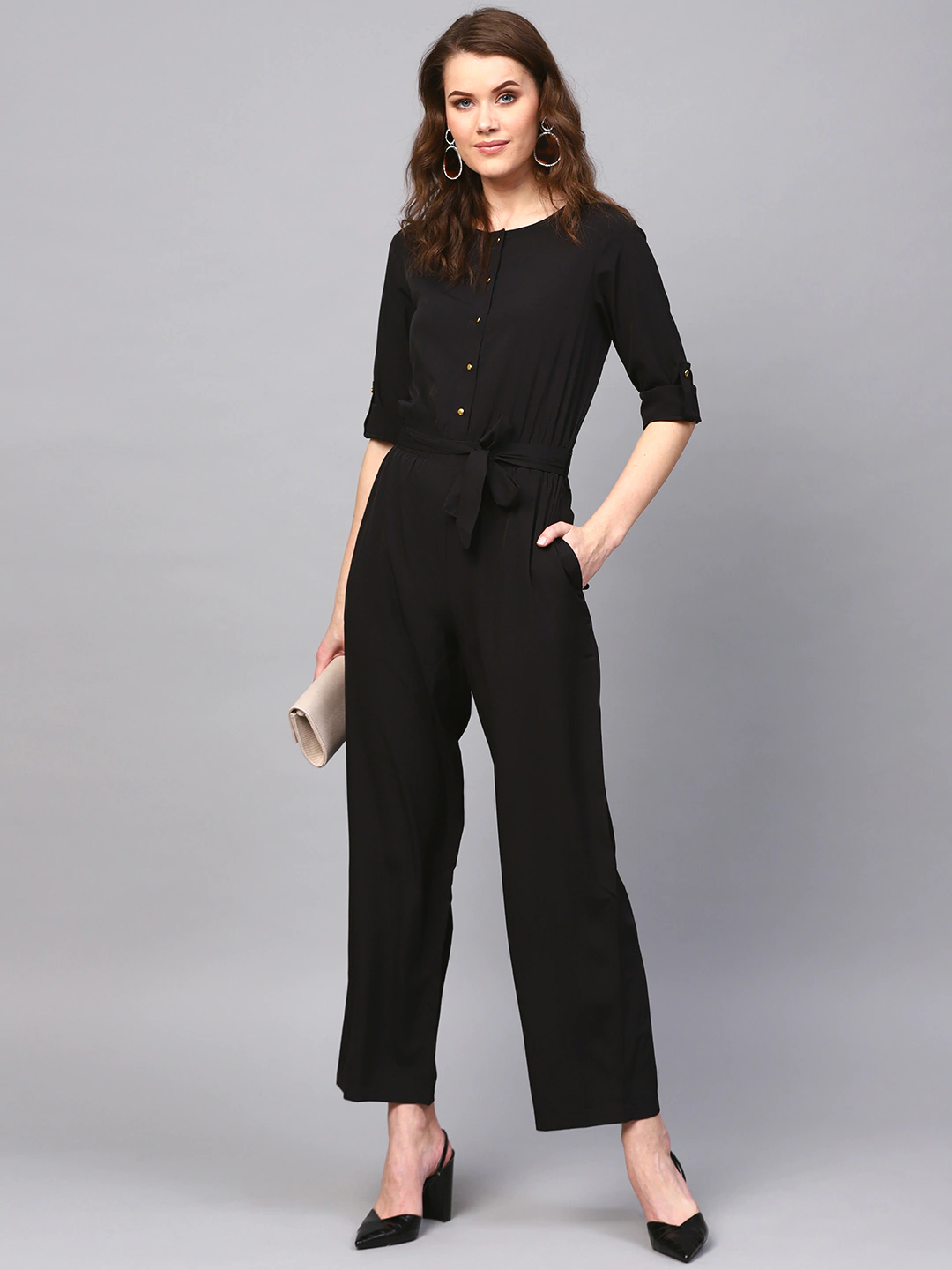 Women's Black Tie Belt Jumpsuit - SASSAFRAS