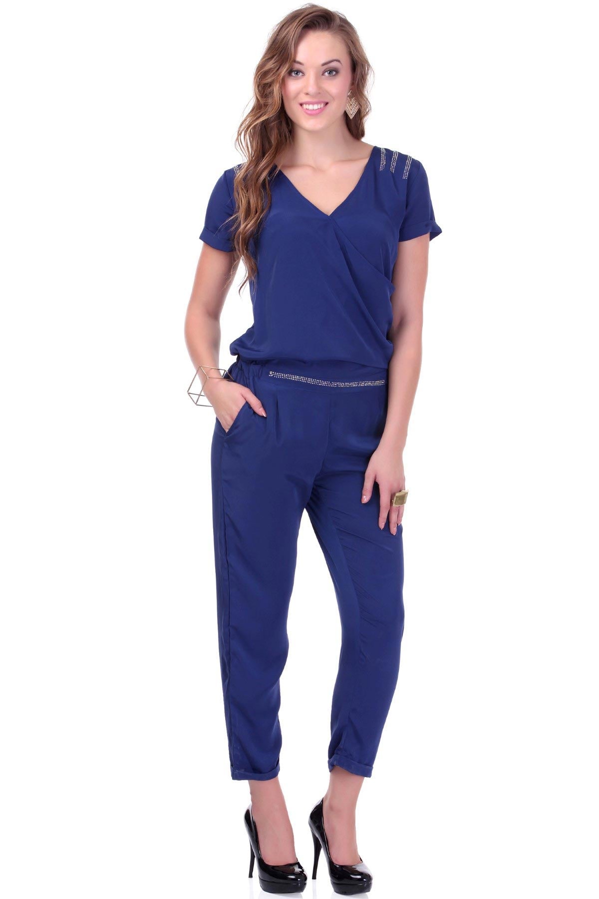 Women's Studded Blue Party Jumpsuit - SASSAFRAS