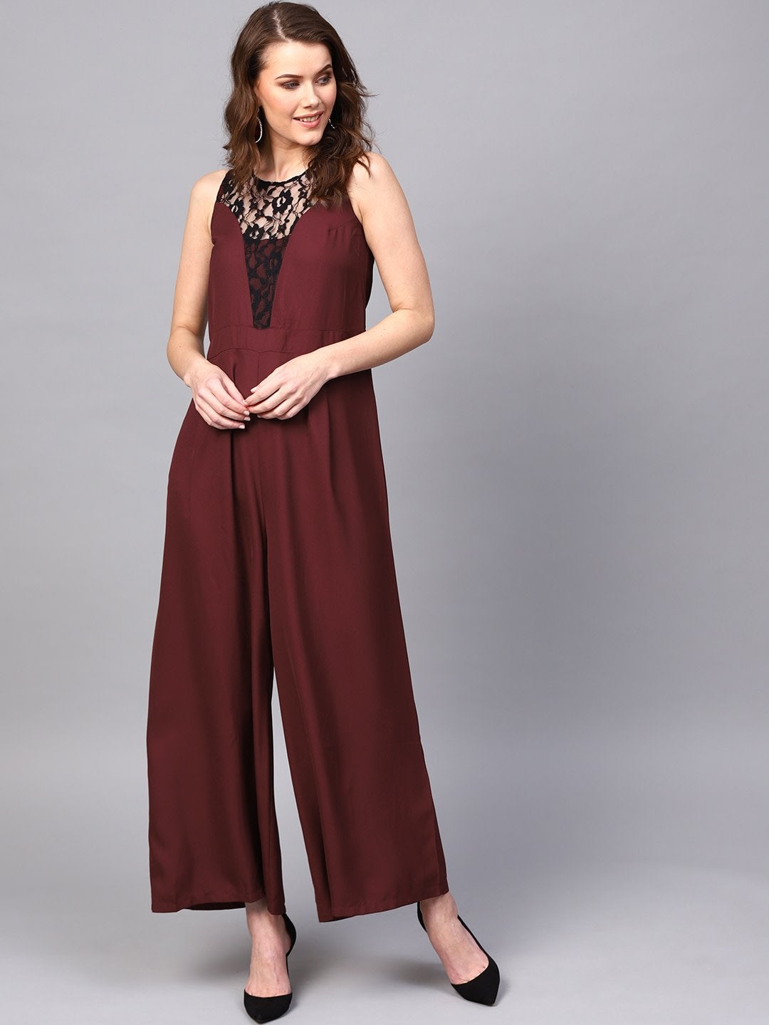 Women's Lace Neck Maroon Palazzo Jumpsuit - SASSAFRAS