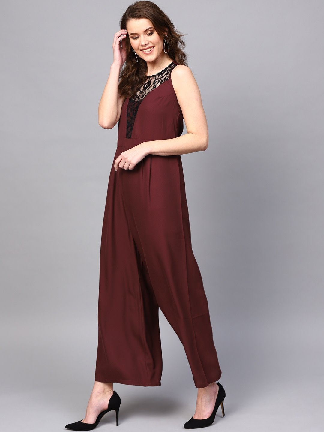 Women's Lace Neck Maroon Palazzo Jumpsuit - SASSAFRAS