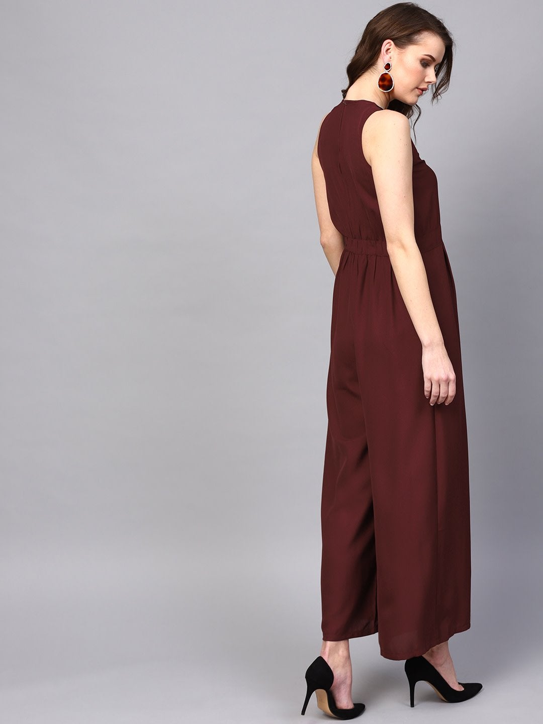 Women's Lace Neck Maroon Palazzo Jumpsuit - SASSAFRAS