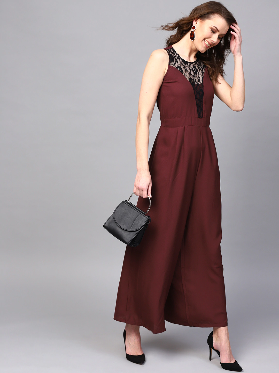 Women's Lace Neck Maroon Palazzo Jumpsuit - SASSAFRAS