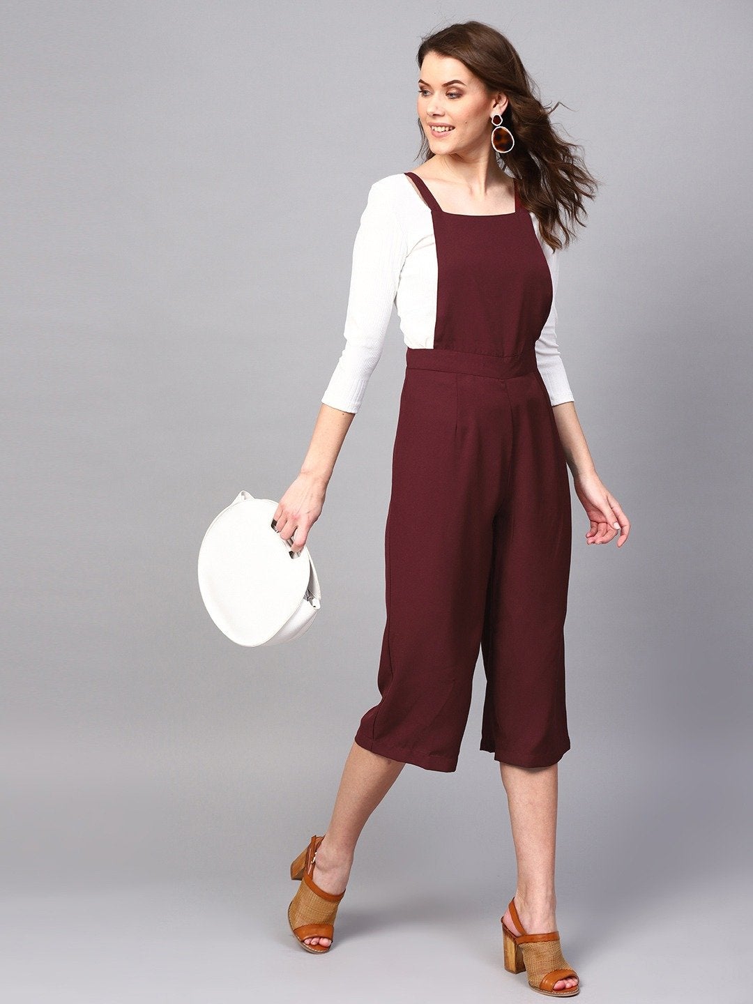 Women's Wine Cropped Dungaree - SASSAFRAS