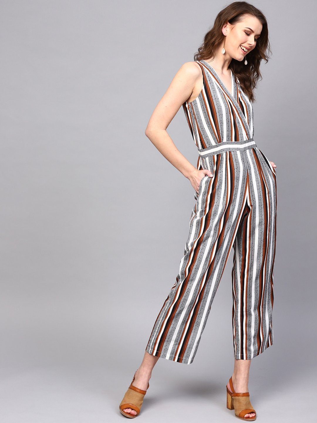 Women's Wrap Neck Striped Jumpsuit - SASSAFRAS