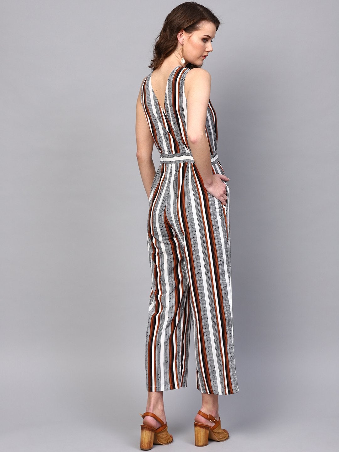 Women's Wrap Neck Striped Jumpsuit - SASSAFRAS