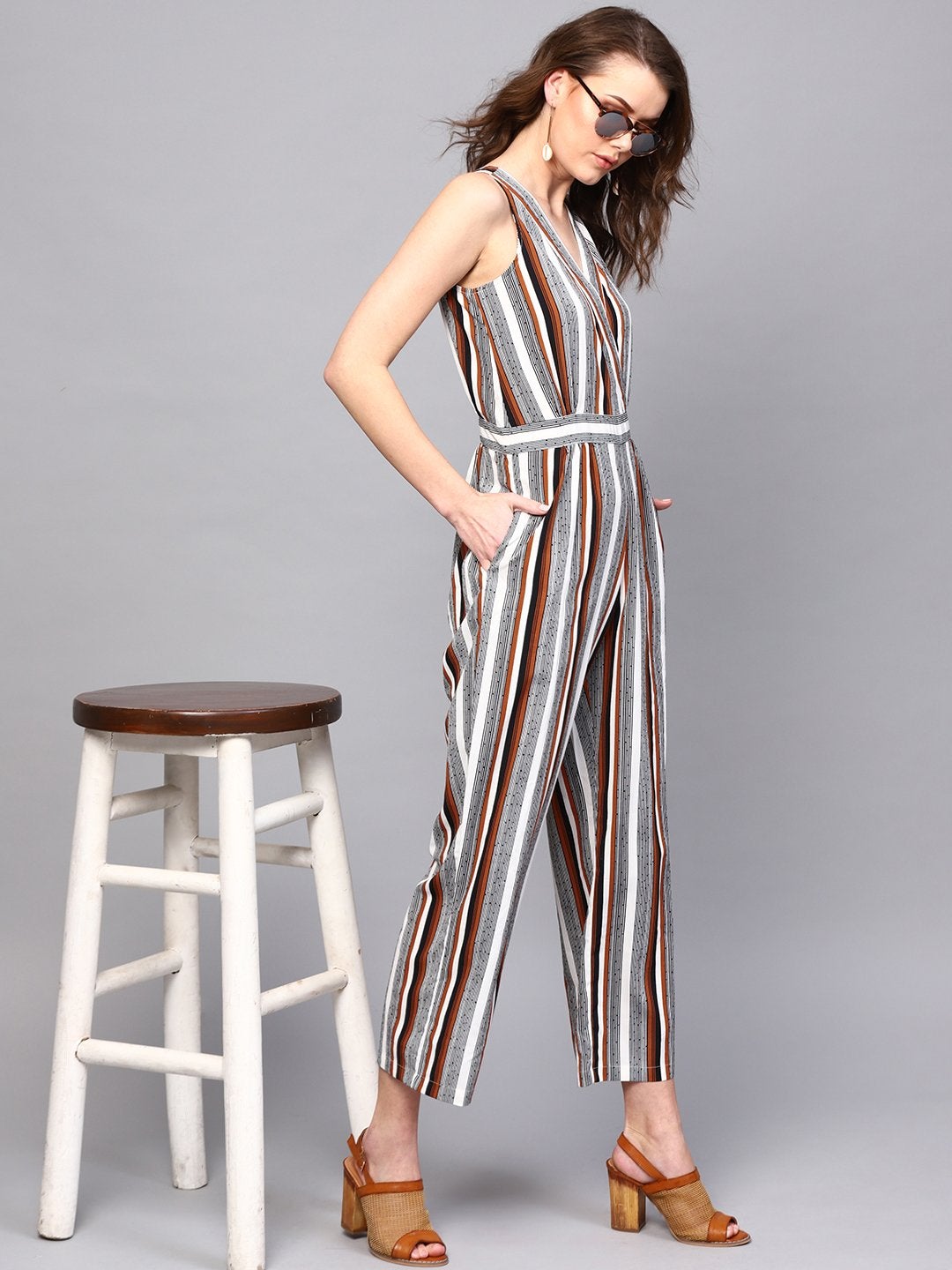 Women's Wrap Neck Striped Jumpsuit - SASSAFRAS