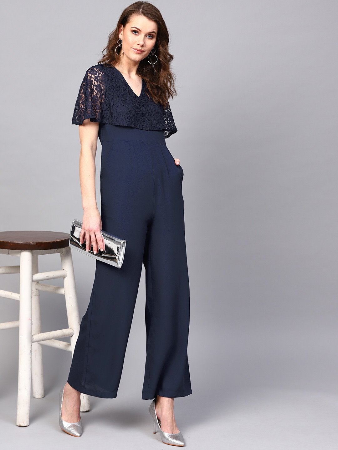 Women's Navy Layered Lace Jumpsuit - SASSAFRAS