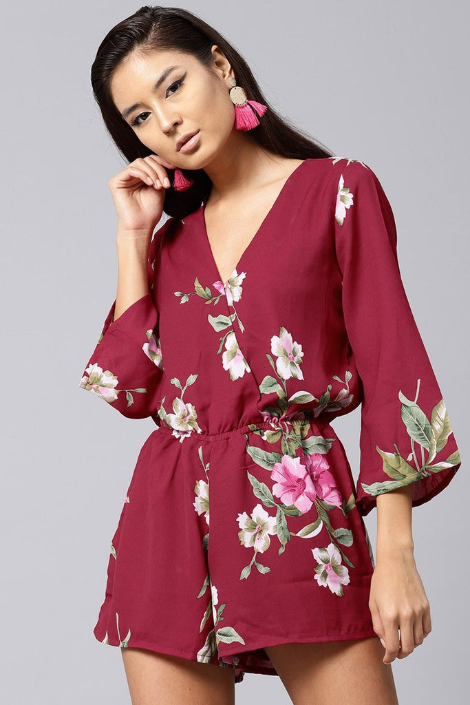 Women's Maroon Tropical Wrap Romper