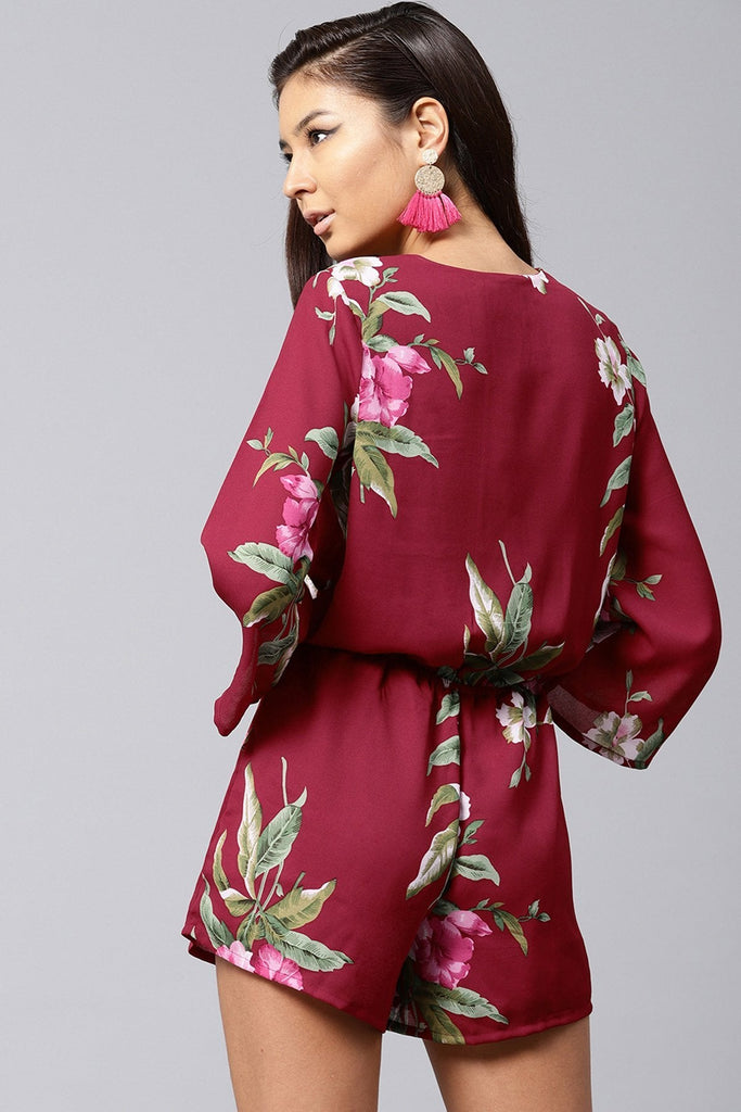 Women's Maroon Tropical Wrap Romper
