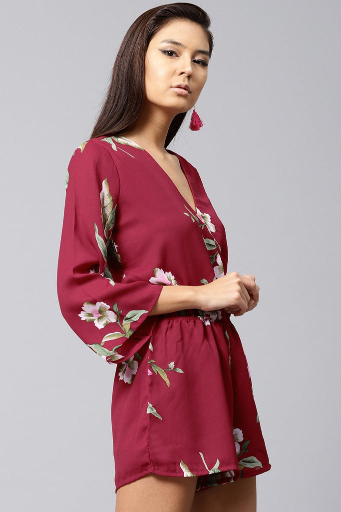 Women's Maroon Tropical Wrap Romper