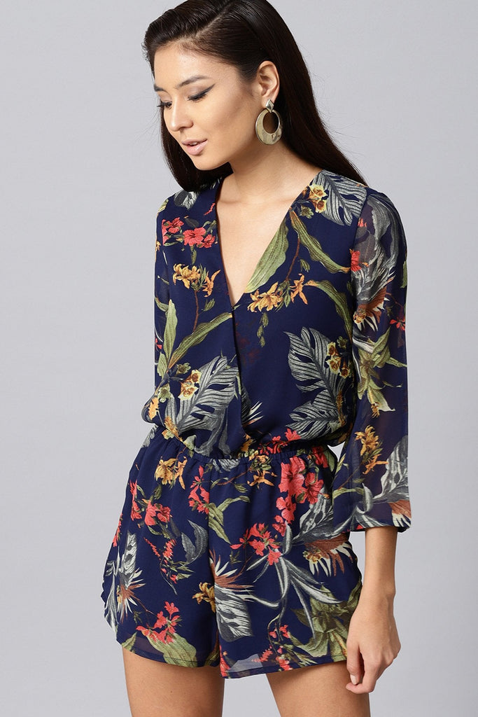 Women's Navy Tropical Wrap Romper