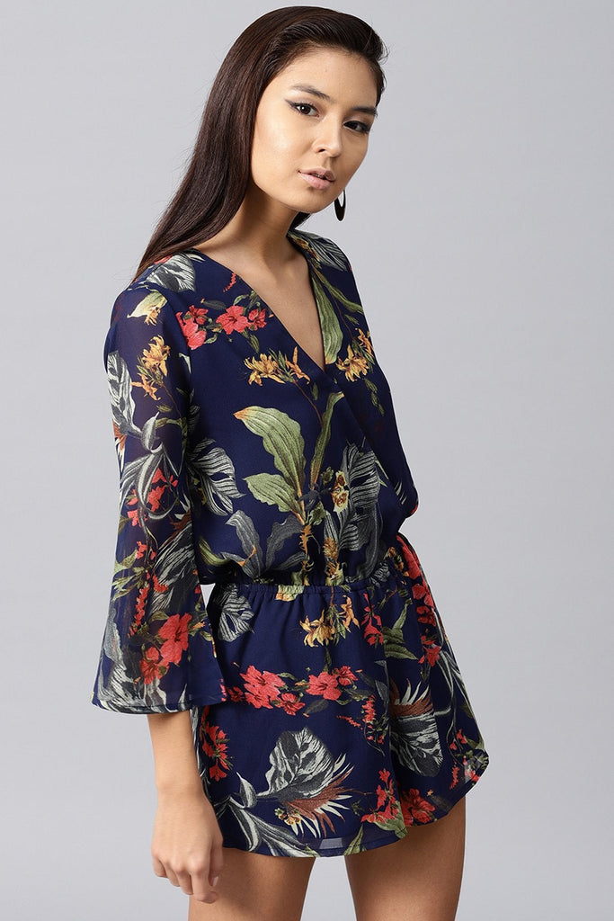 Women's Navy Tropical Wrap Romper