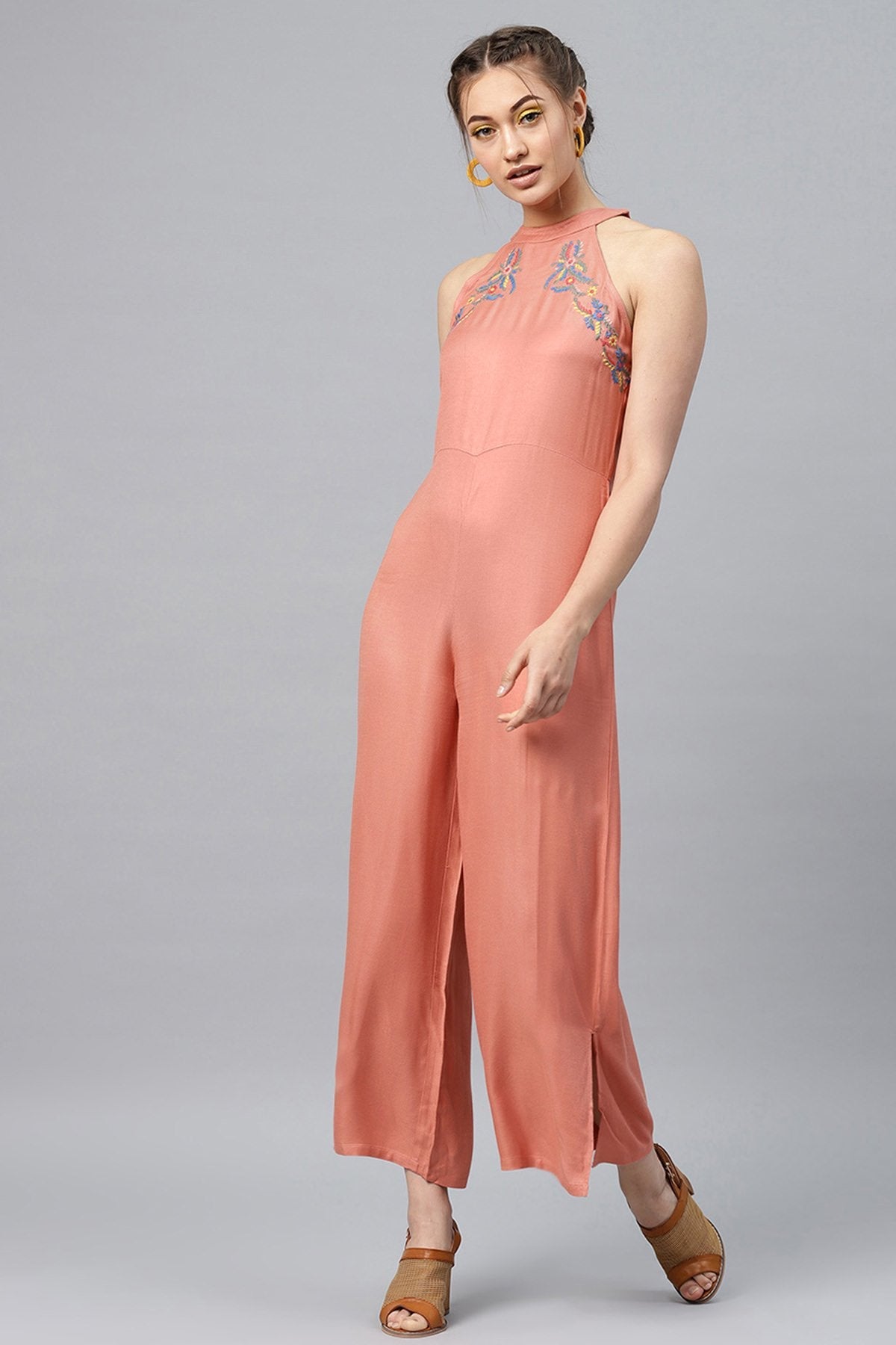 Women's Halter Neck Embroidered Peach Jumpsuit - SASSAFRAS