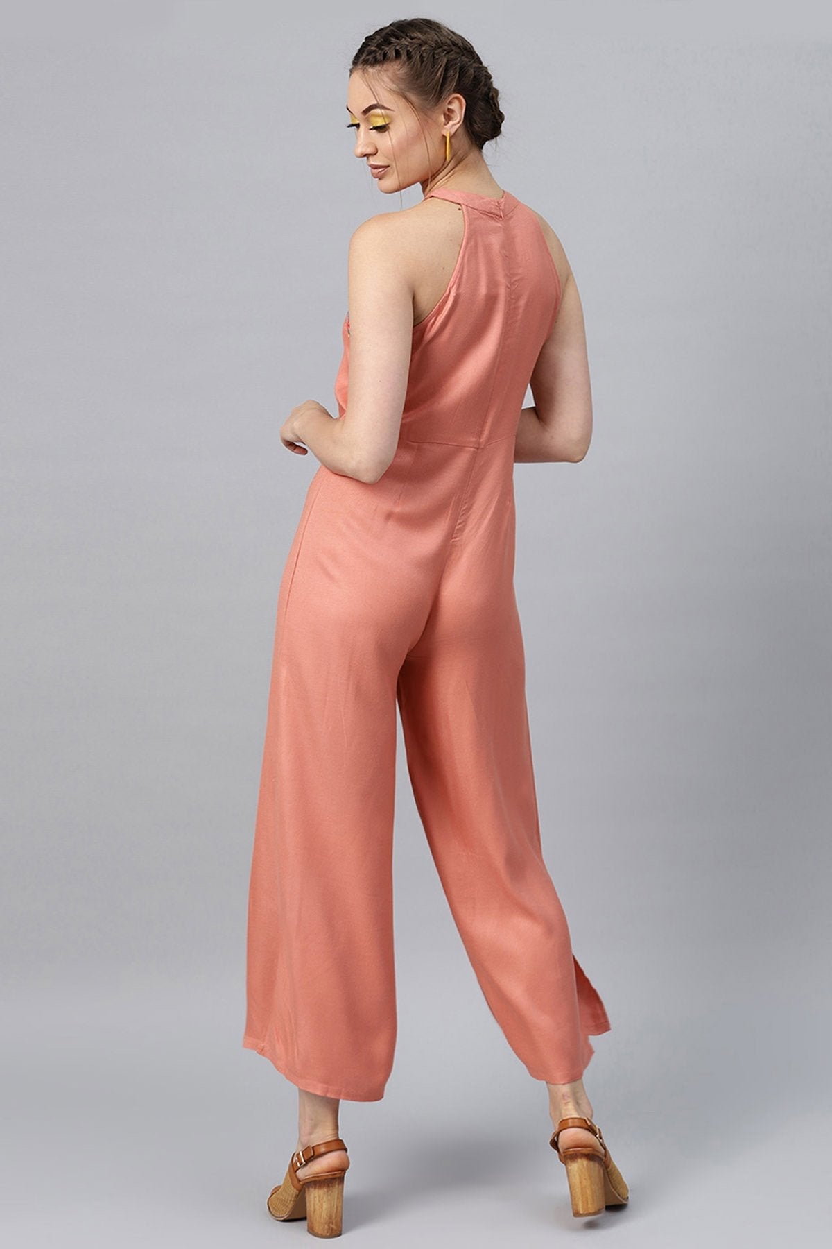 Women's Halter Neck Embroidered Peach Jumpsuit - SASSAFRAS