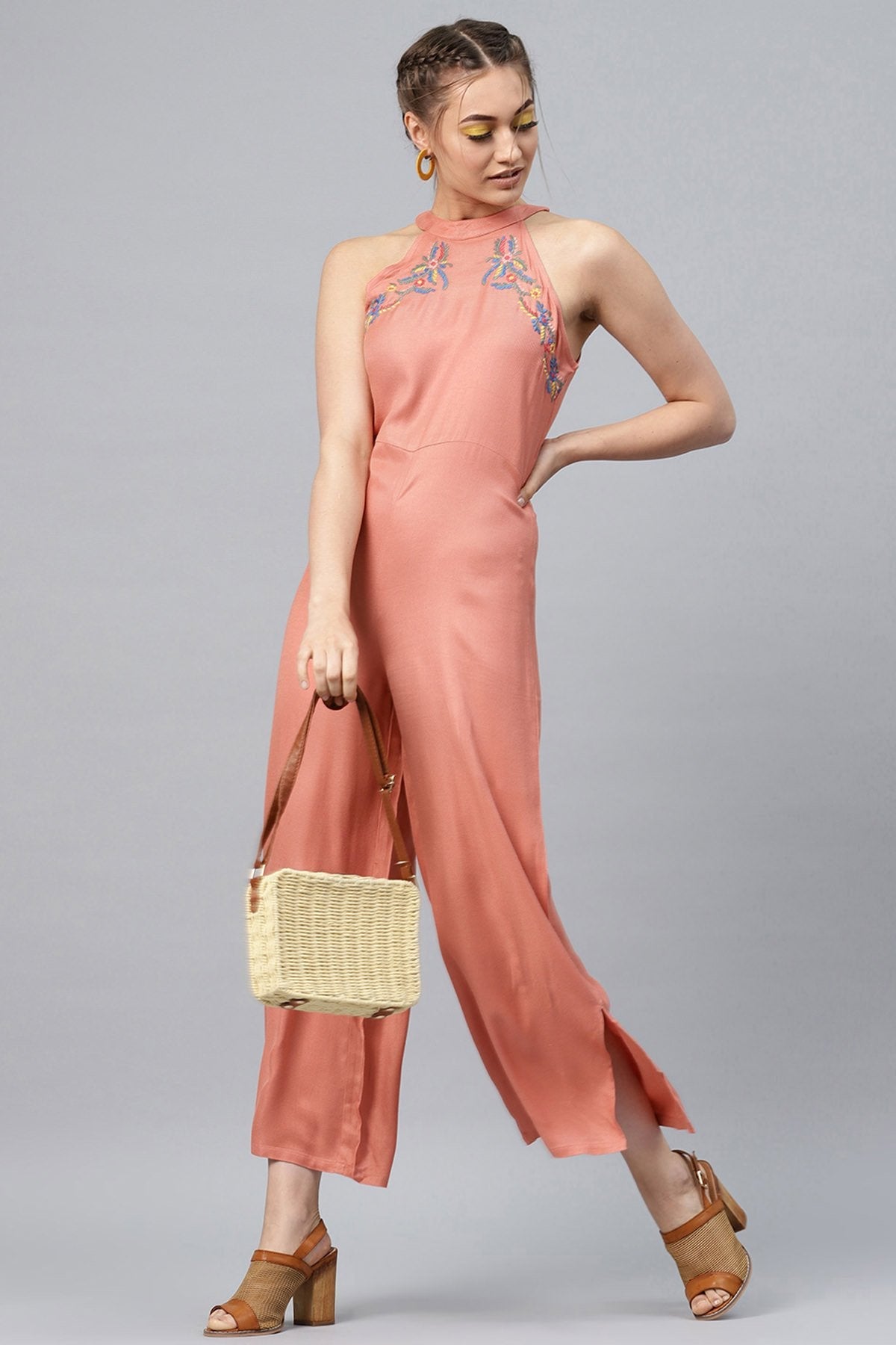 Women's Halter Neck Embroidered Peach Jumpsuit - SASSAFRAS