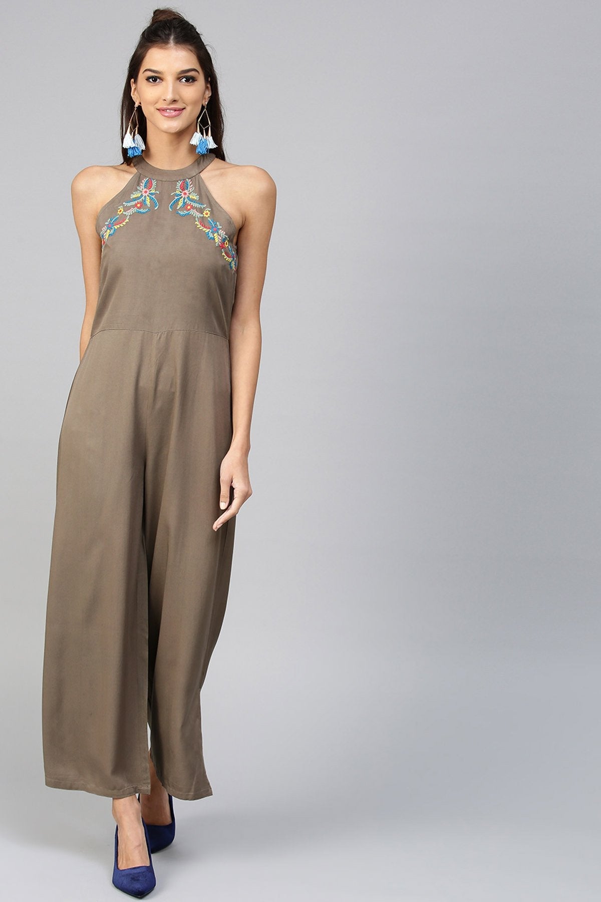 Women's Halter Neck Embroidered Brown Jumpsuit - SASSAFRAS