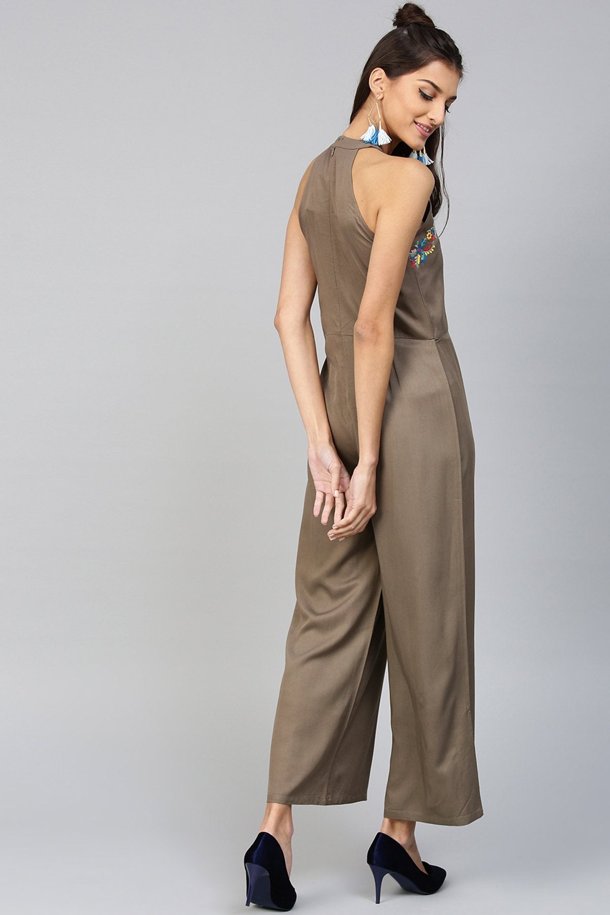 Women's Halter Neck Embroidered Brown Jumpsuit - SASSAFRAS