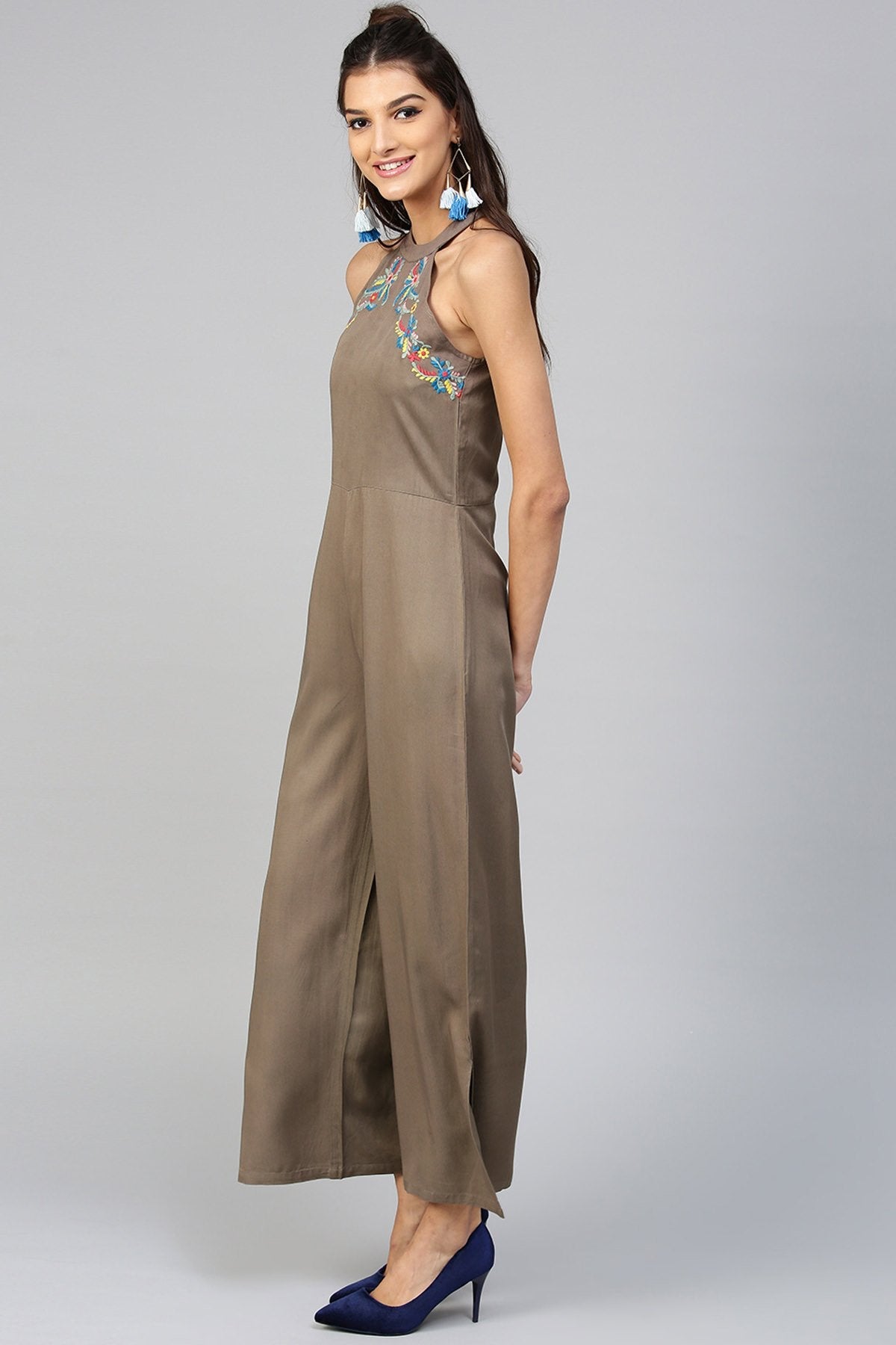 Women's Halter Neck Embroidered Brown Jumpsuit - SASSAFRAS