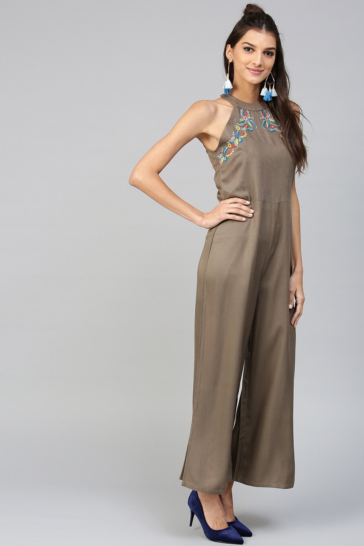 Women's Halter Neck Embroidered Brown Jumpsuit - SASSAFRAS