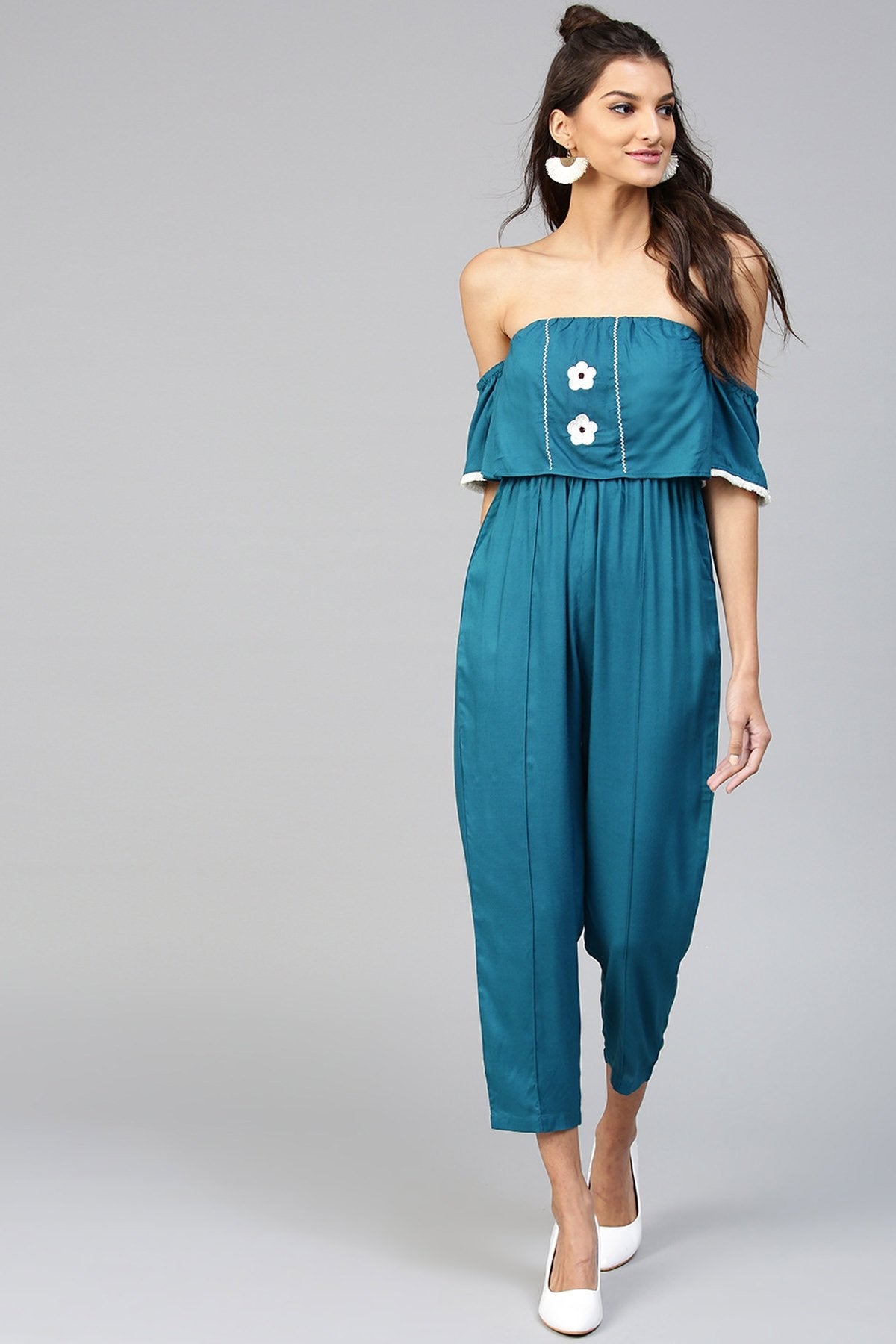 Women's Off Shoulder Embroidered Teal Jumpsuit - SASSAFRAS