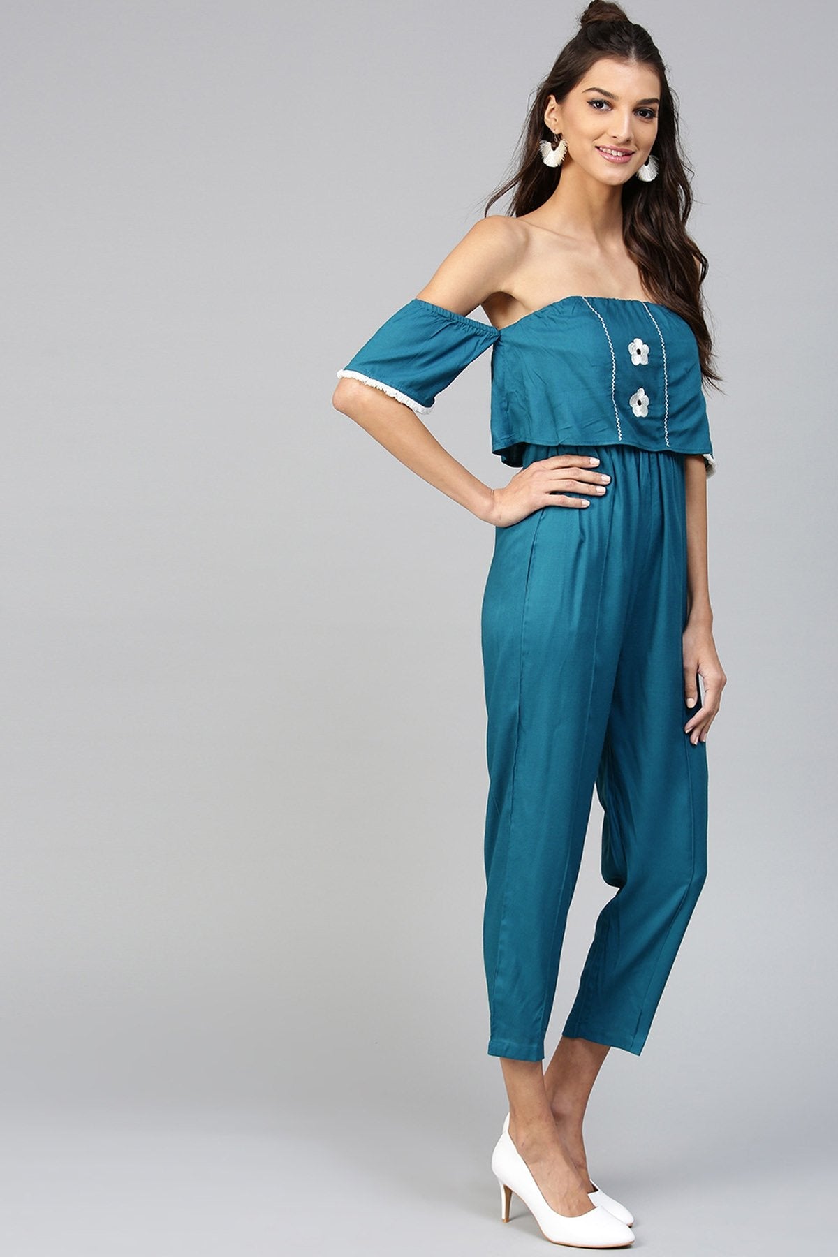 Women's Off Shoulder Embroidered Teal Jumpsuit - SASSAFRAS