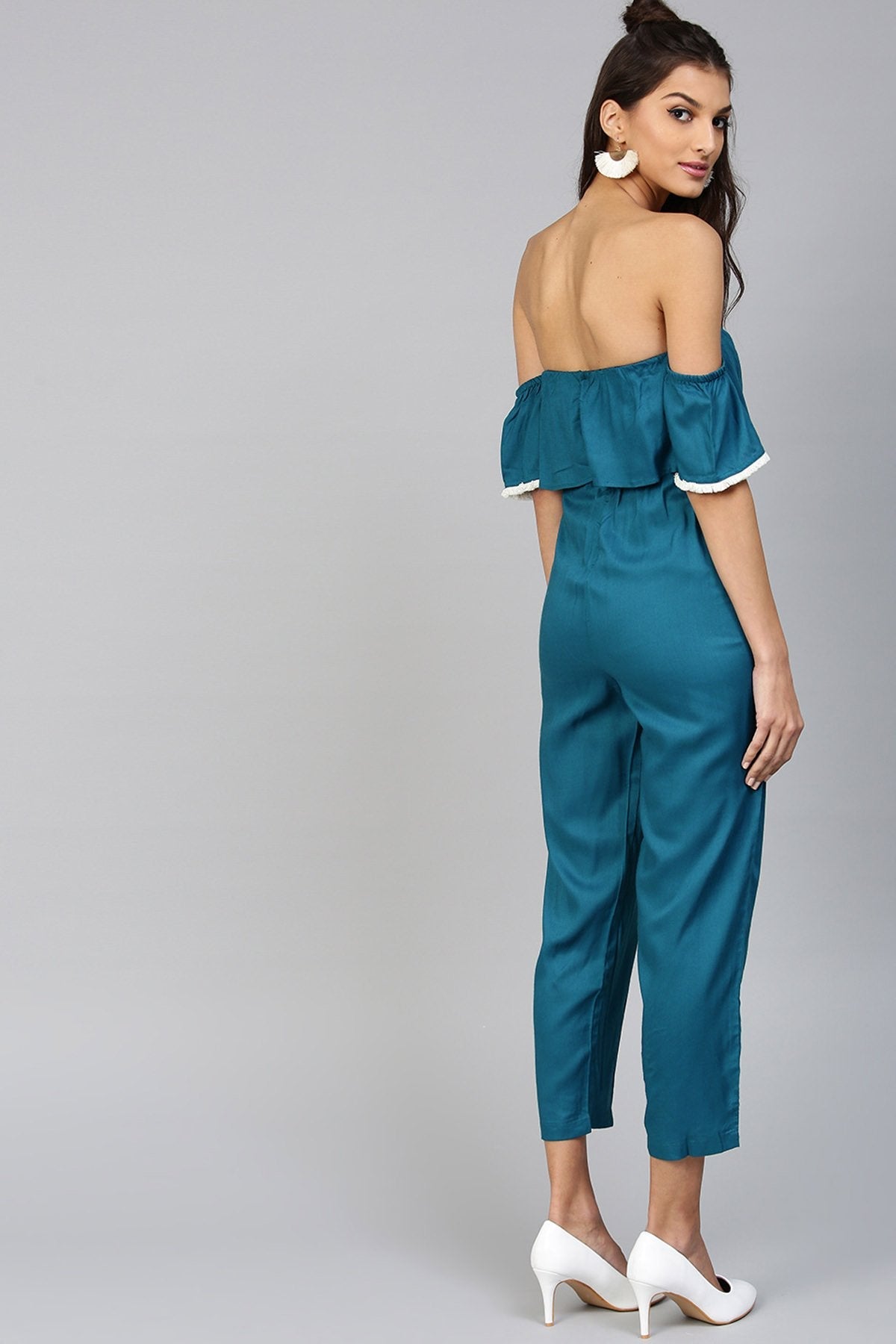 Women's Off Shoulder Embroidered Teal Jumpsuit - SASSAFRAS