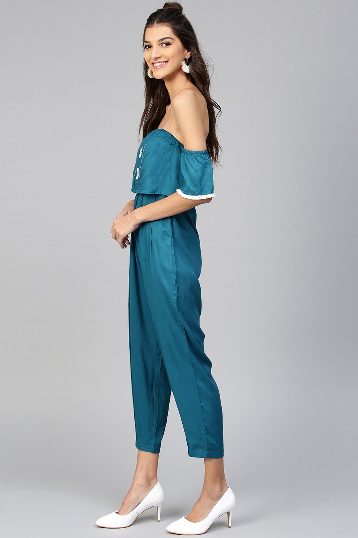 Women's Off Shoulder Embroidered Teal Jumpsuit - SASSAFRAS