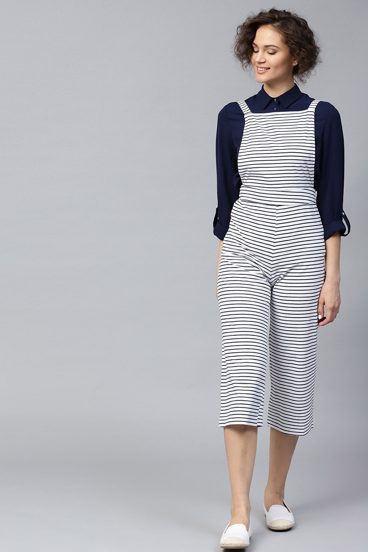 Women's Navy & White Stripes Dungaree - SASSAFRAS