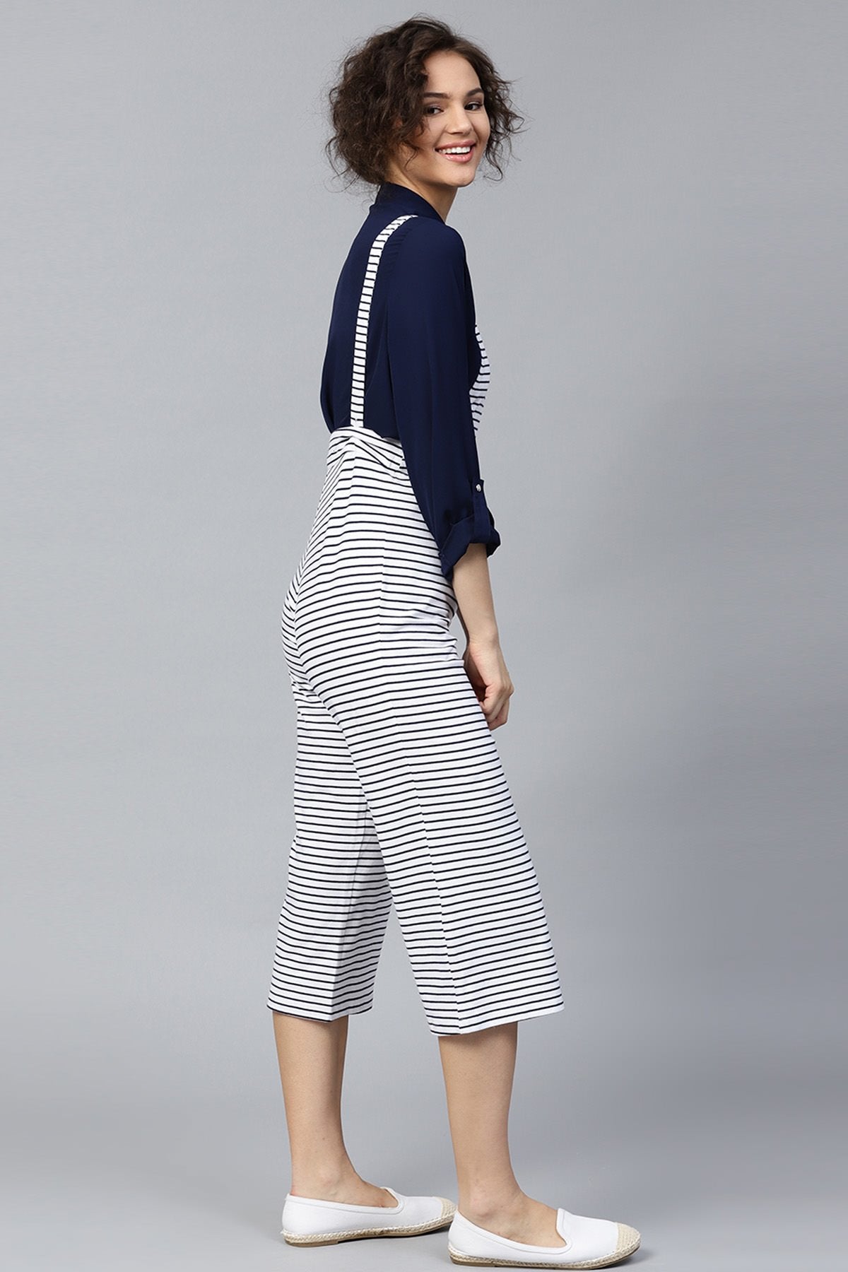 Women's Navy & White Stripes Dungaree - SASSAFRAS