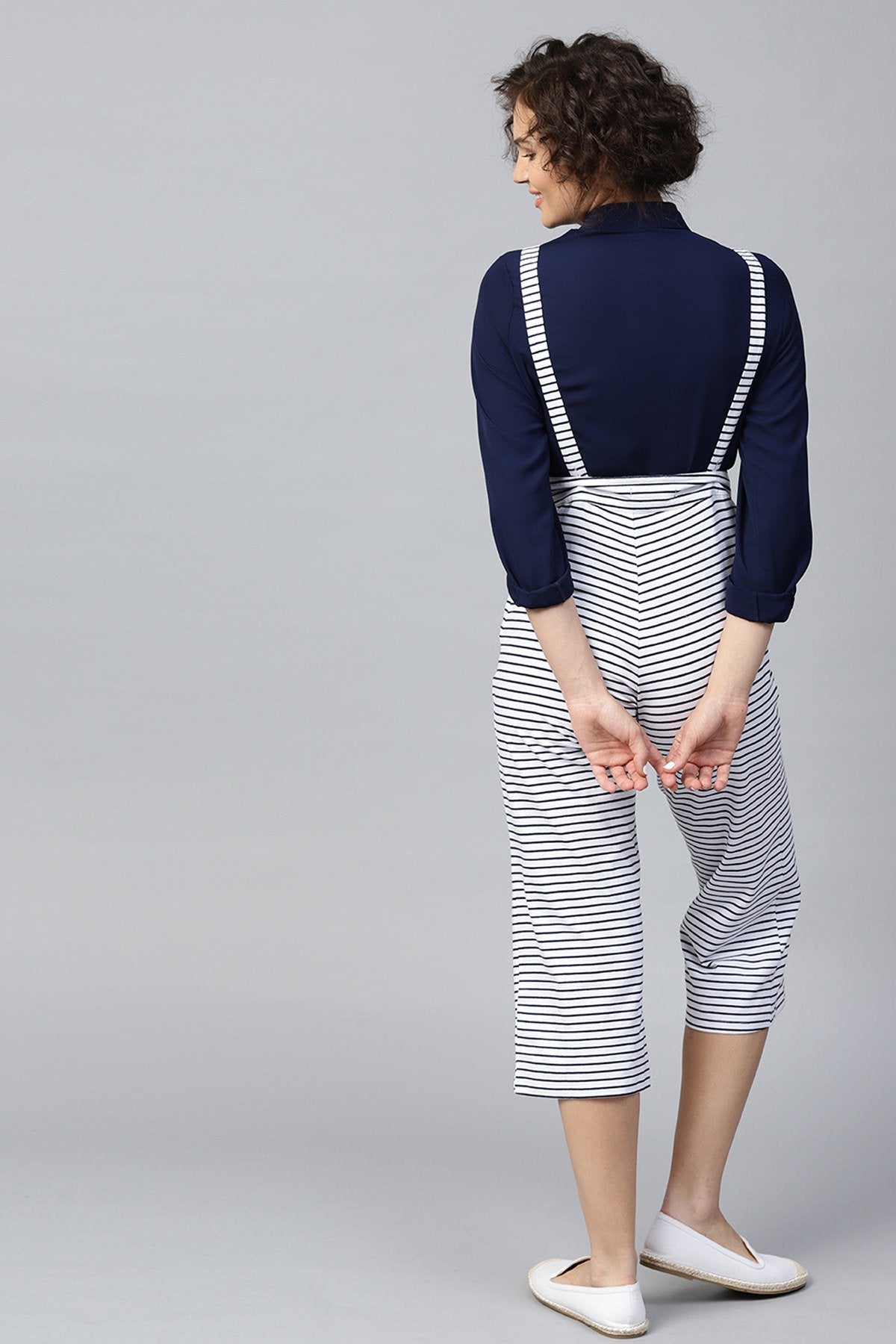 Women's Navy & White Stripes Dungaree - SASSAFRAS