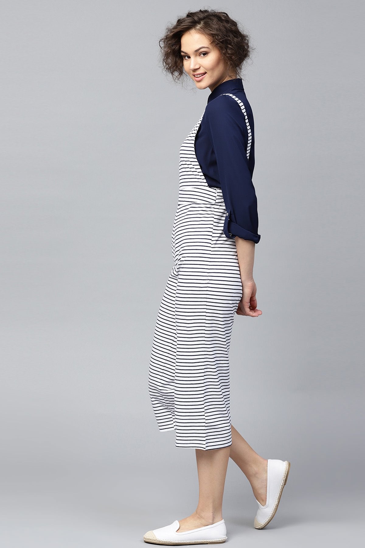 Women's Navy & White Stripes Dungaree - SASSAFRAS