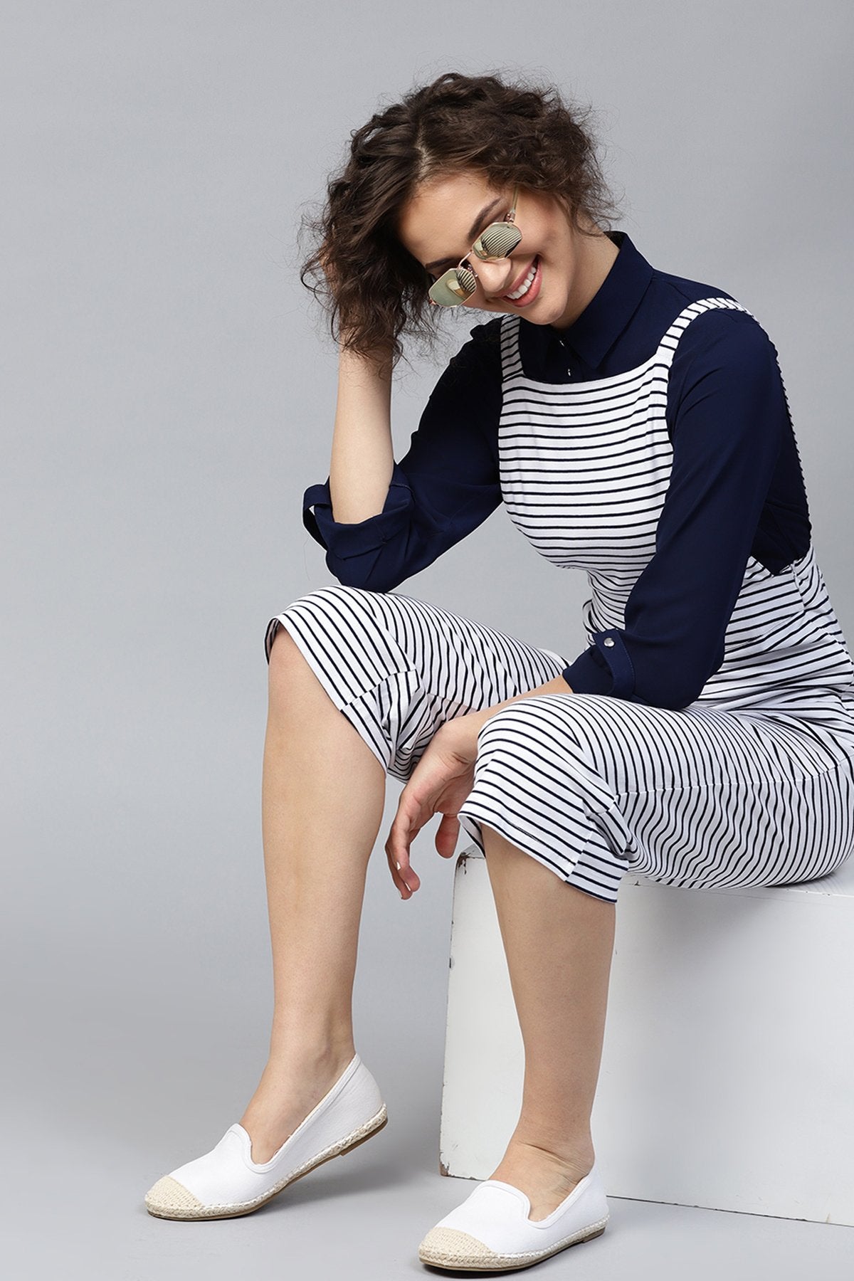 Women's Navy & White Stripes Dungaree - SASSAFRAS