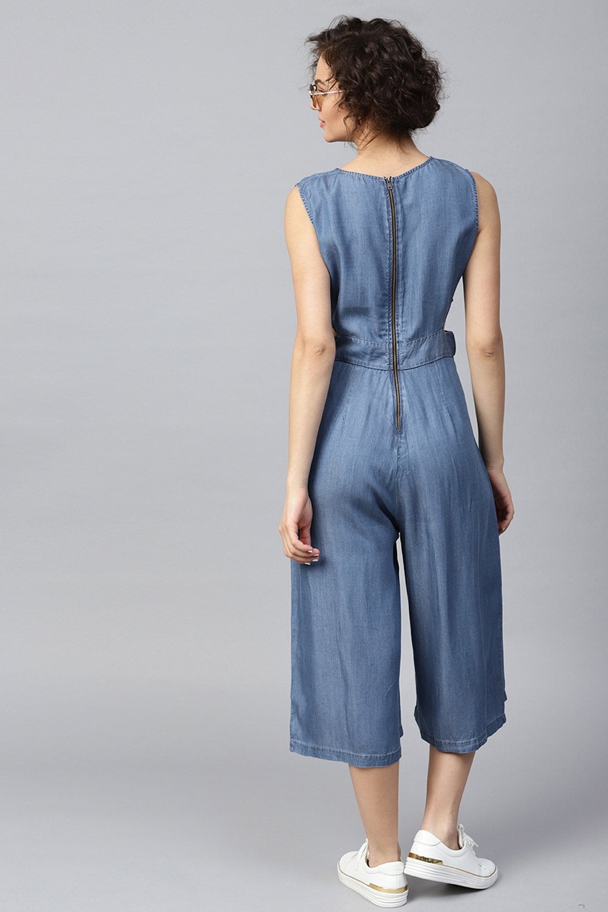 Women's Blue Denim Side Cut Out Jumpsuit - SASSAFRAS